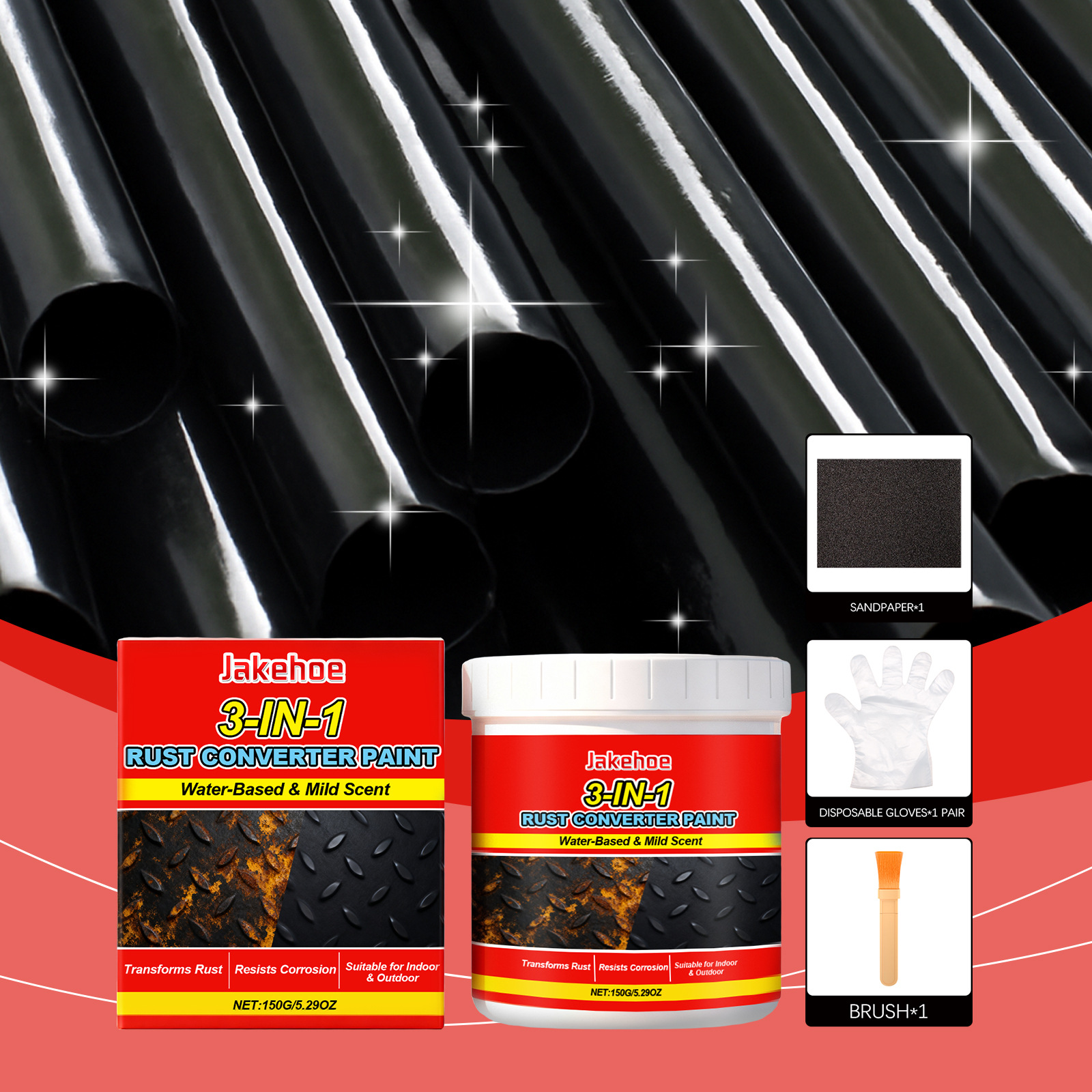 Metall-rostentfernungs-set – Wasserbasierte Metall-rostschutzgrundierung (wasserfest, Rostfrei, Korrosionsbeständig) – 150 G X 1 + Pinsel X 1 + Schleifpapier X 1 + Handschuhe X 1 Paar -- Biemmedue