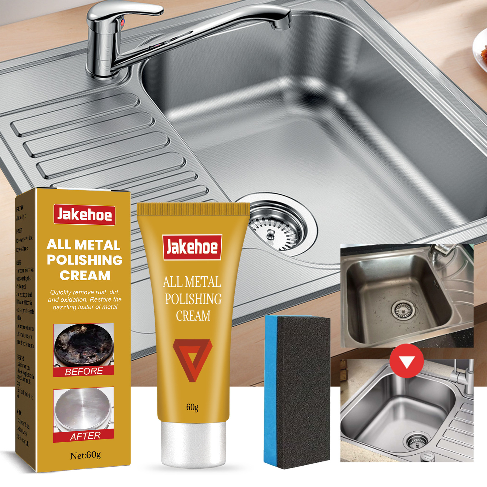Metallpolierpaste Für Küchenspülen, Edelstahl, Multifunktionale Rostentfernerpaste – 60 G + Schwamm -- Biemmedue