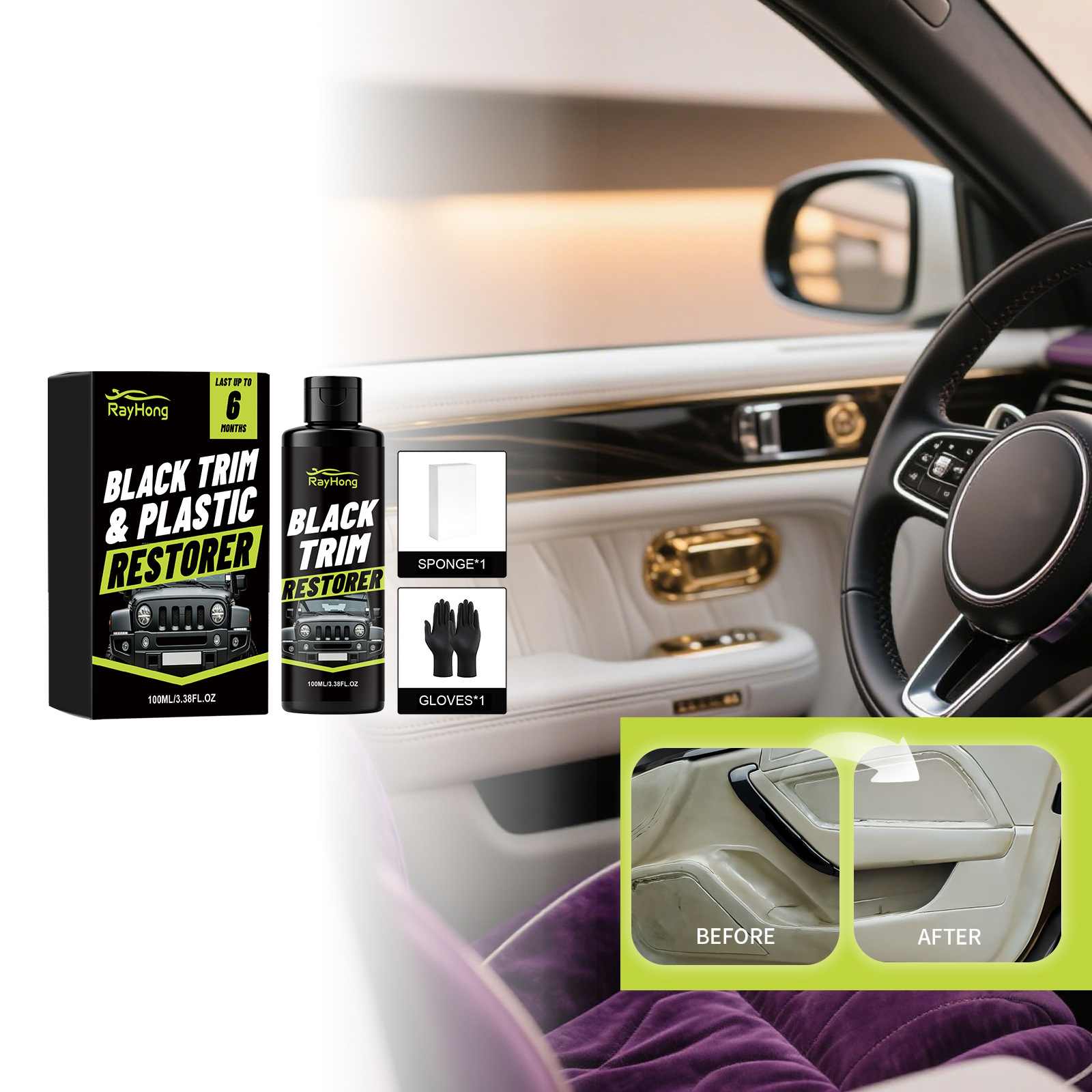 Schwarzer Kunststoff-innenraumreiniger, Schwärzt Effektiv Und Entfernt Oxidation – 100 Ml, Handschuhe, Schwamm -- Biemmedue