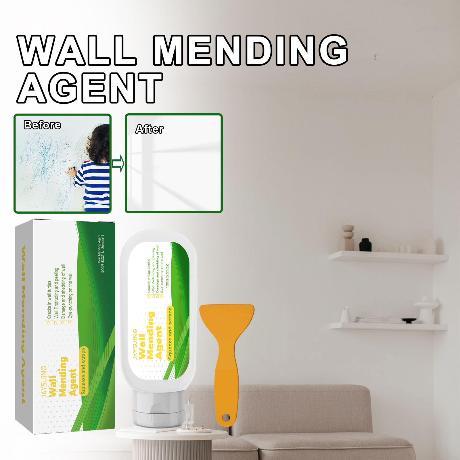Wandreparaturpaste Für Den Hausgebrauch, Feuchtigkeitsbeständig, Schimmelresistent Und Wasserdicht Für Innenwände, Geeignet Für Renovierung Und Reparatur Von Rissen Und Spalten – 100 G + Spachtel -- B