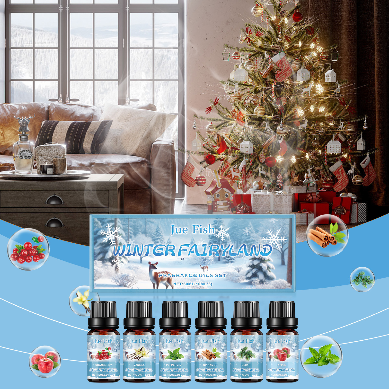 Winterliches Aromatherapie-ölset – Luftbefeuchter, Duftende Ätherische Öle, Erfrischt Die Luft, Hält Innenräume Im Winter Warm – Aromatherapie-ölset 60 Ml (6 Fläschchen À 10 Ml) -- Biemmedue