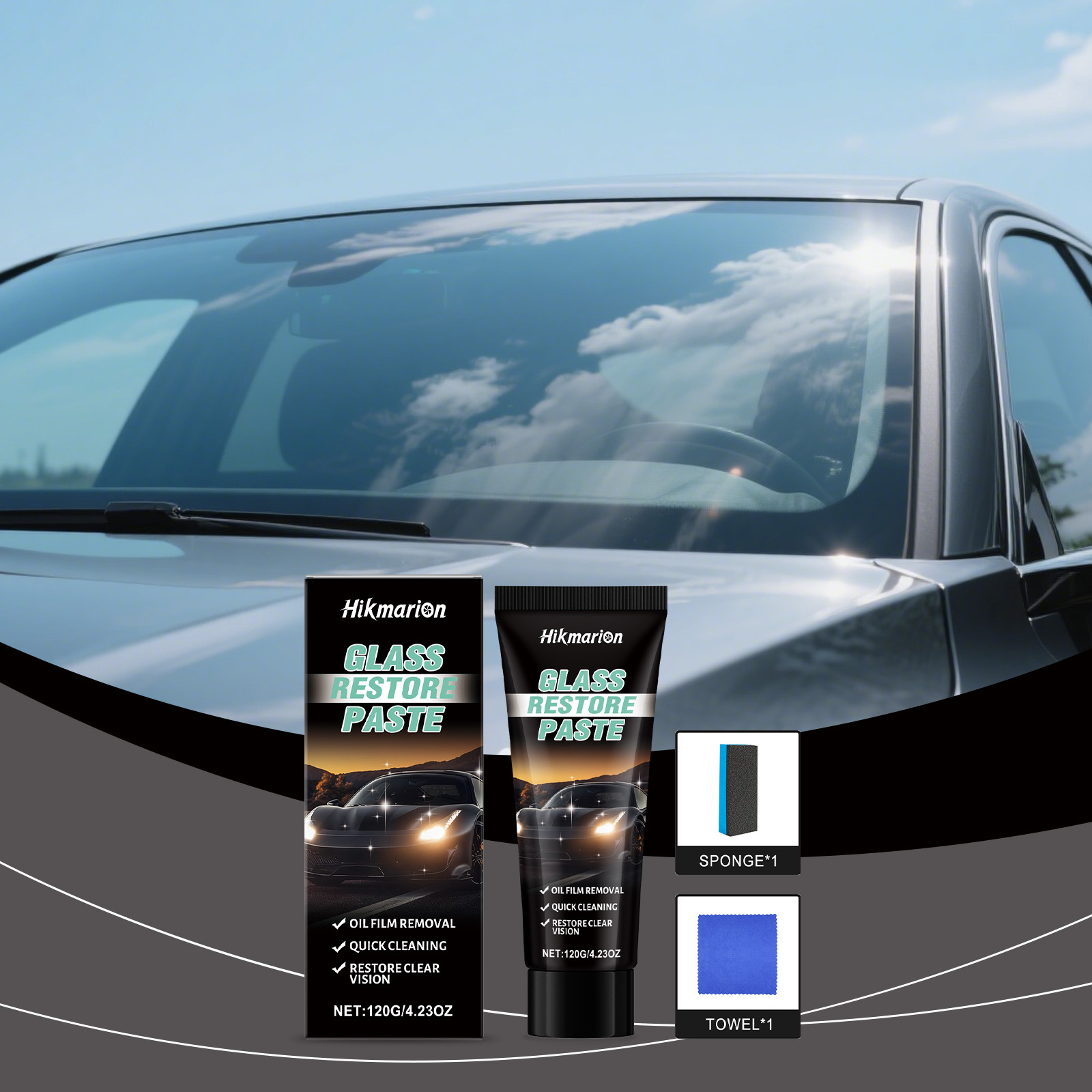 Ölfilmentferner Für Glas, Antibeschlag, Scheibenreiniger – 120 G × 1 + Schwamm × 1 + Handtuch × 1 -- Biemmedue