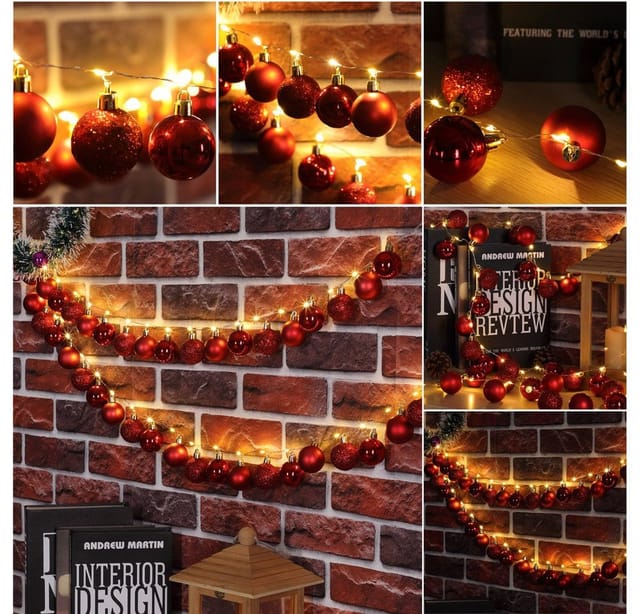 Lichterkette Weihnachtskugeln Weihnachtsbeleuchtung Christbaumkugeln Batteriebetrieben 2m Timerfunktion 8 Lichtereffekte Rot - Casaria