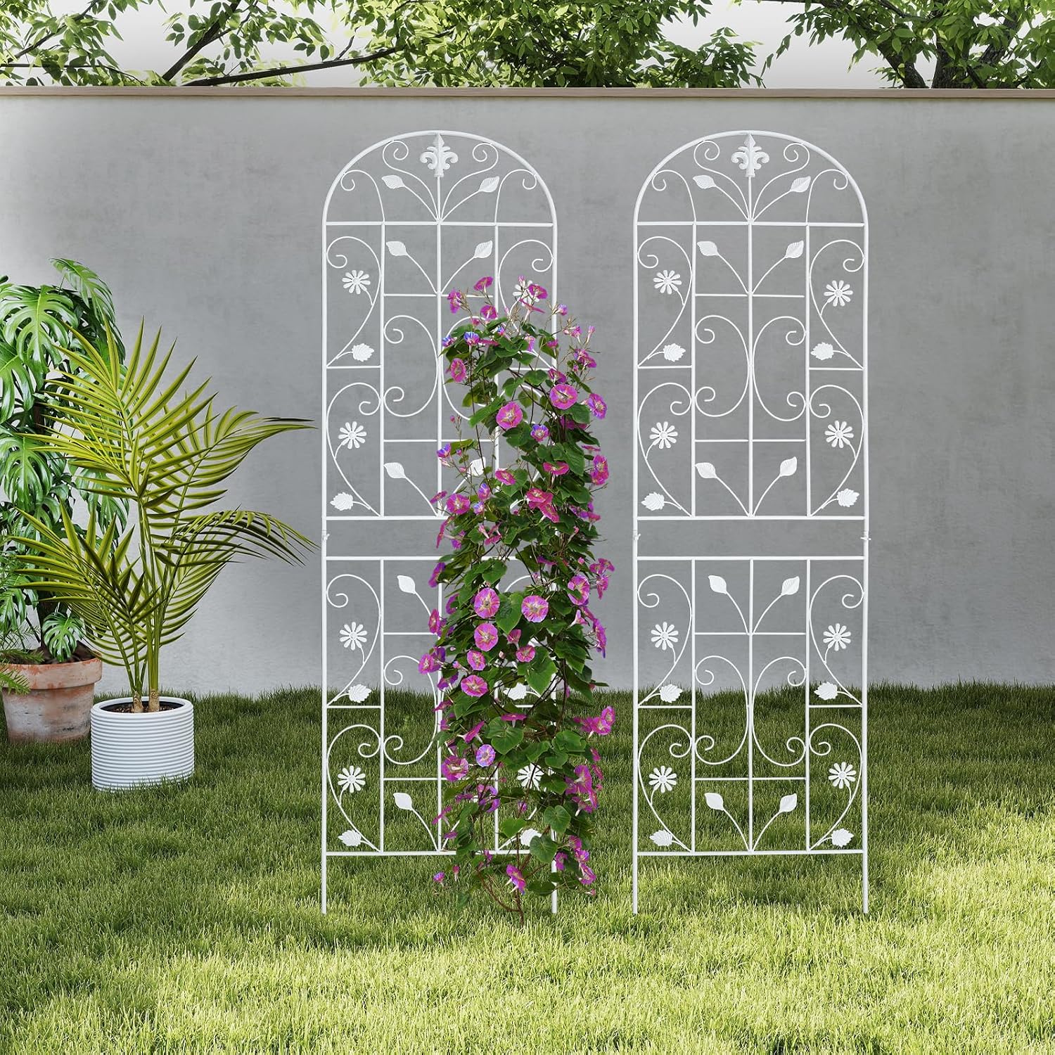 Rankgitter 2er Set, 180 X 50 Cm, Eisen Garten Spalier, Robuste Rankhilfe Für Kletterpflanzen, Rosen & Clematis, Weiß，klassisch Bogen Design