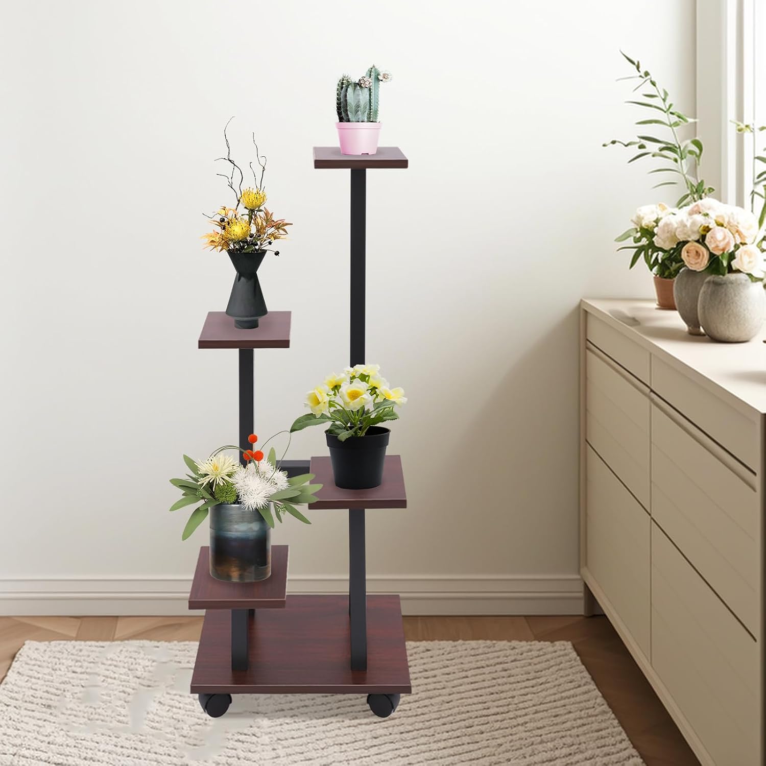 5 Tier Plant Stand With 4 Wheels, Load Capacity 15-20kg Per Level, Modern For Indoor And Outdoor Living Room Balcony Garden Patio (black, Brown Red)