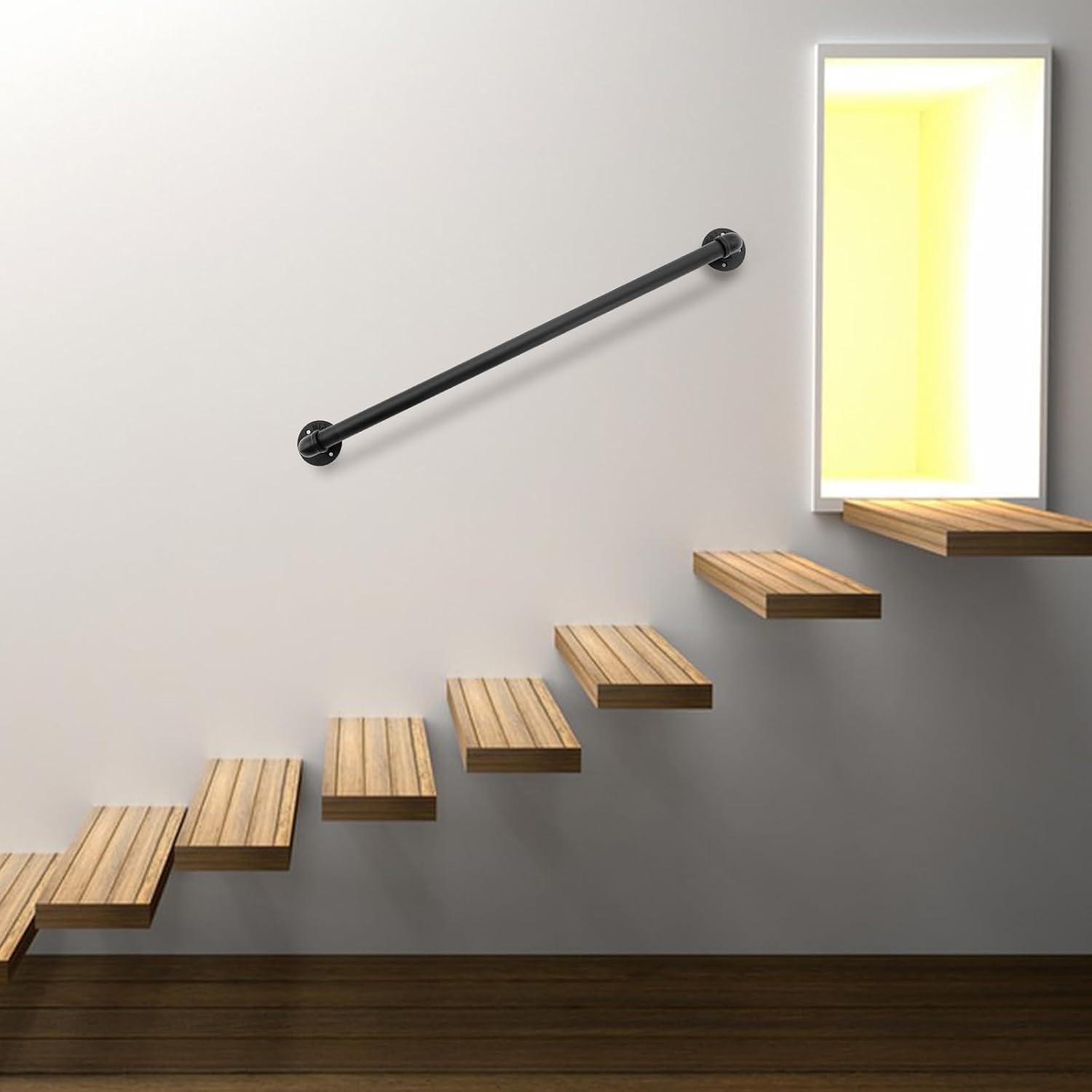 3ft Stahlrohre Und Gusseisen Handlauf Geländer Treppengeländer Schwarzer Wandhandlauf Wand Treppe Mit Halbrunden Abschlüssen Und Haltern Für Innen Und Außen, Rund Ø32mm
