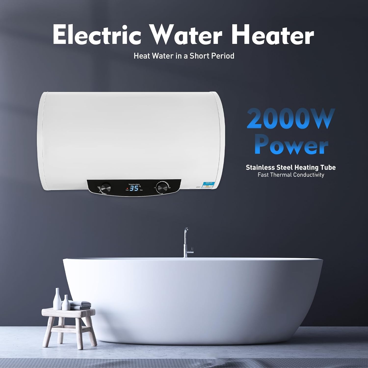 70l Elektro Warmwasserspeicher, 2000w Elektrische Durchlauferhitzer Wandmontage Warmwasserboiler Mit Wasserhahn Und Handbrause, Ipx4, Heiztemperaturbereich 35-75°c