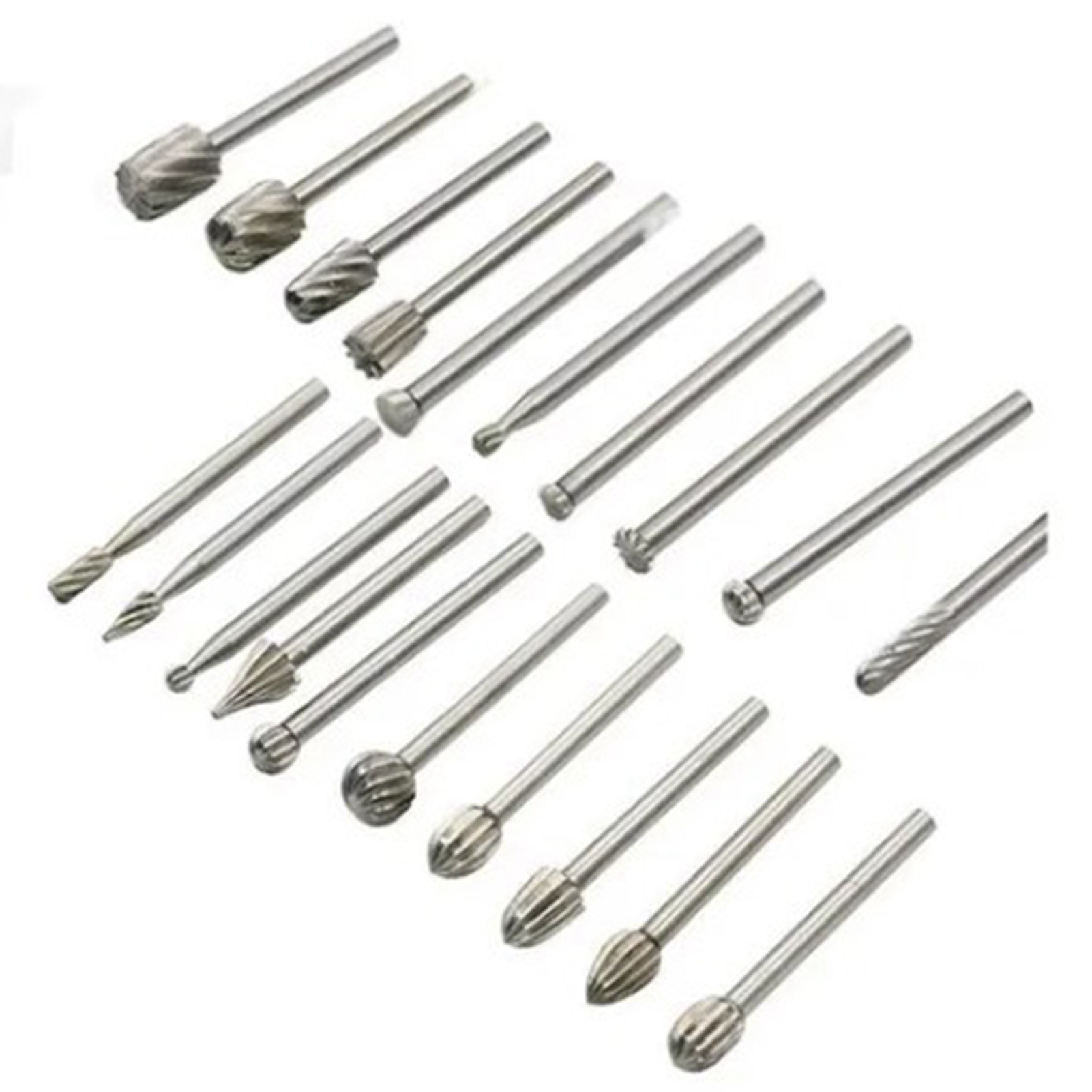 Set Aus 20 Kleinen Rotationsfeilen Für Die Holzbearbeitung, 3 Mm, Aus Hochgeschwindigkeitsstahl, Silberfarben.