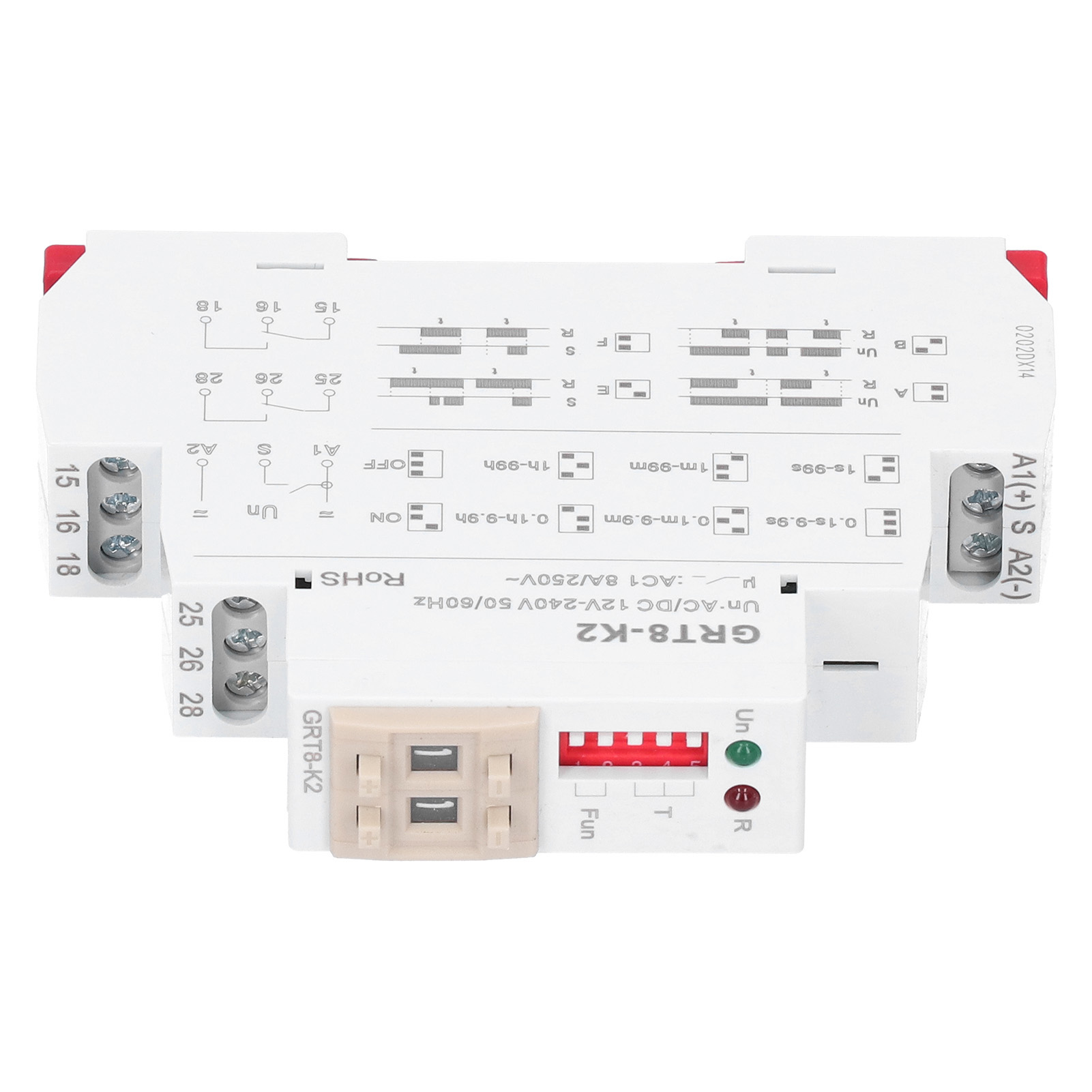 Zeitverzögerungsrelais 12–240 V Ac/dc, 50/60 Hz, 2 Öffnungs- Und 2 Schließvorgänge, 4 Zeitmodi, Zeitbereich Von 0,1 S Bis 99 H, Grt8-k2