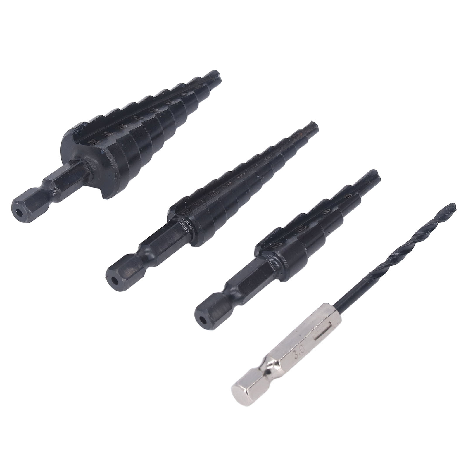 Set Aus 4 Geraden Stufenbohrern Aus Wärmebehandeltem Schnellarbeitsstahl.