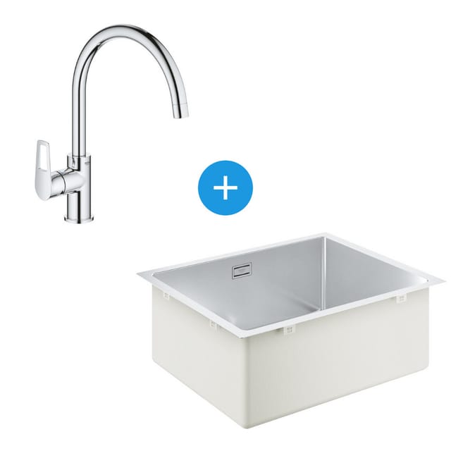 Kit K700 Küchenspüle Unterbau 540x440mm Edelstahl + Bauloop Mischbatterie Schwanenhals, Chrom (31574SD1-SET1) - Grohe