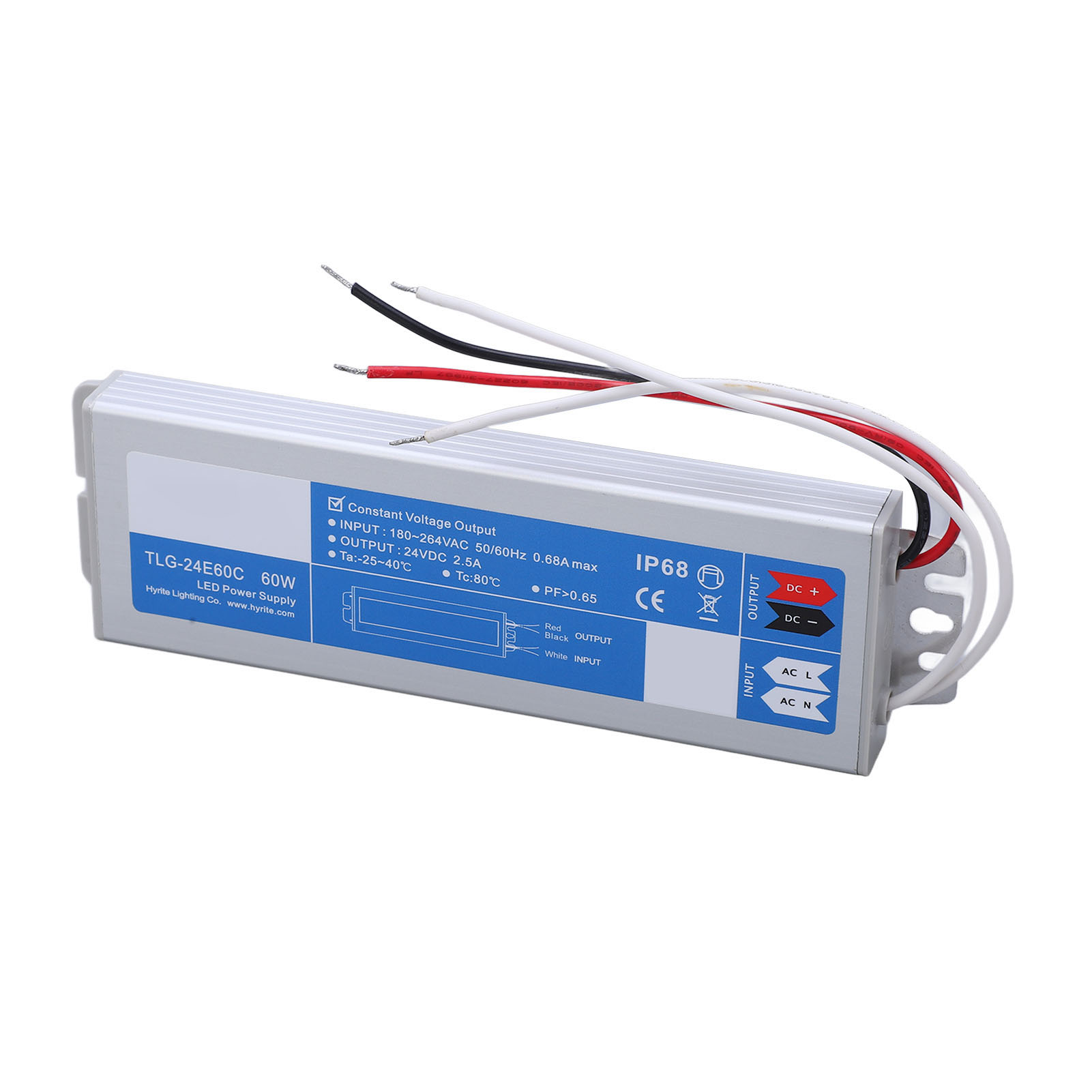 Wasserdichtes Led-netzteil, Konverter/treiber, 180–264 V Ac-eingang, 60 W Konstantspannung, 24 V Dc-ausgang, 2,5 A