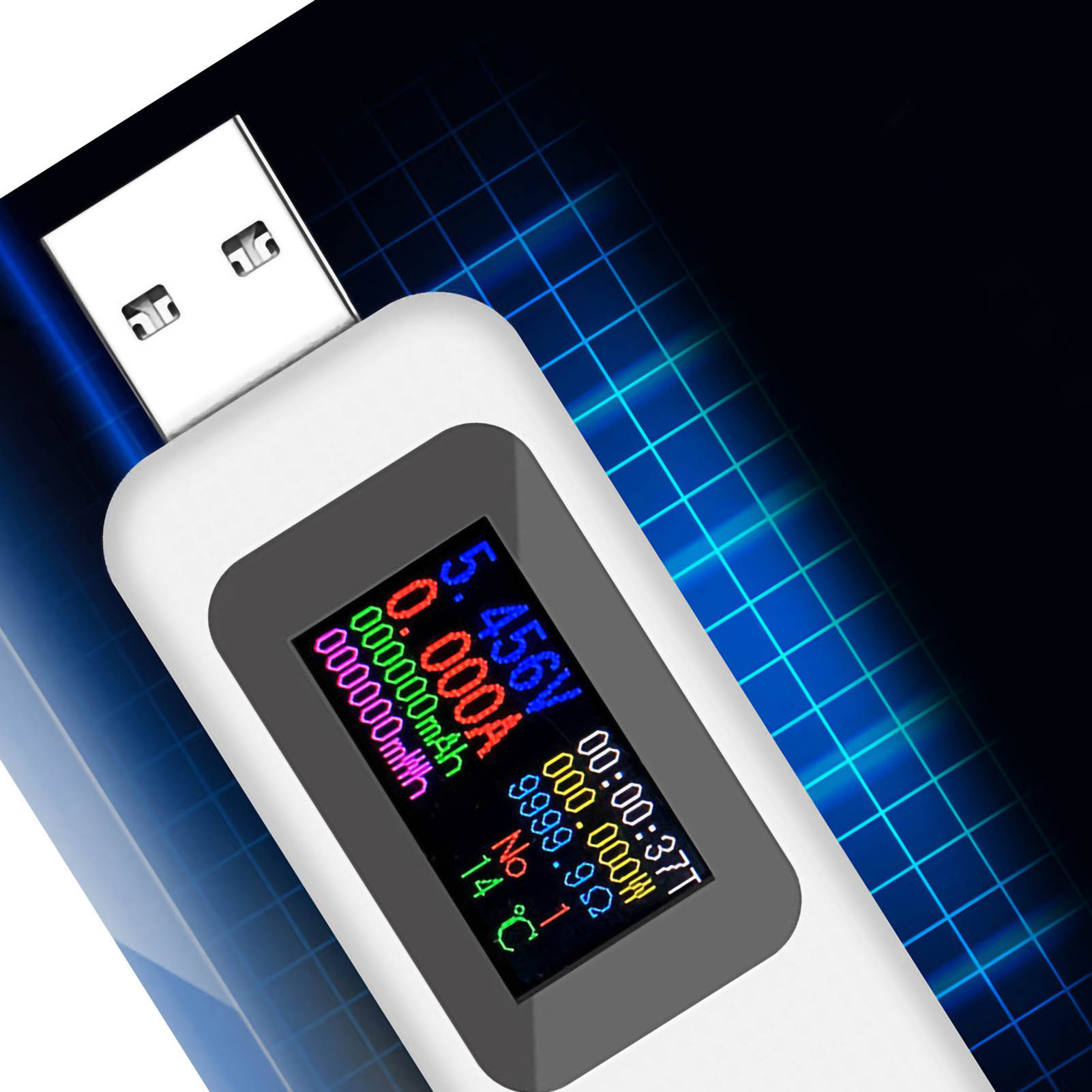 Multifunktionales Usb-testgerät Mit Lcd-display, Strom-, Spannungs- Und Akkukapazitätsanzeige, Weiß