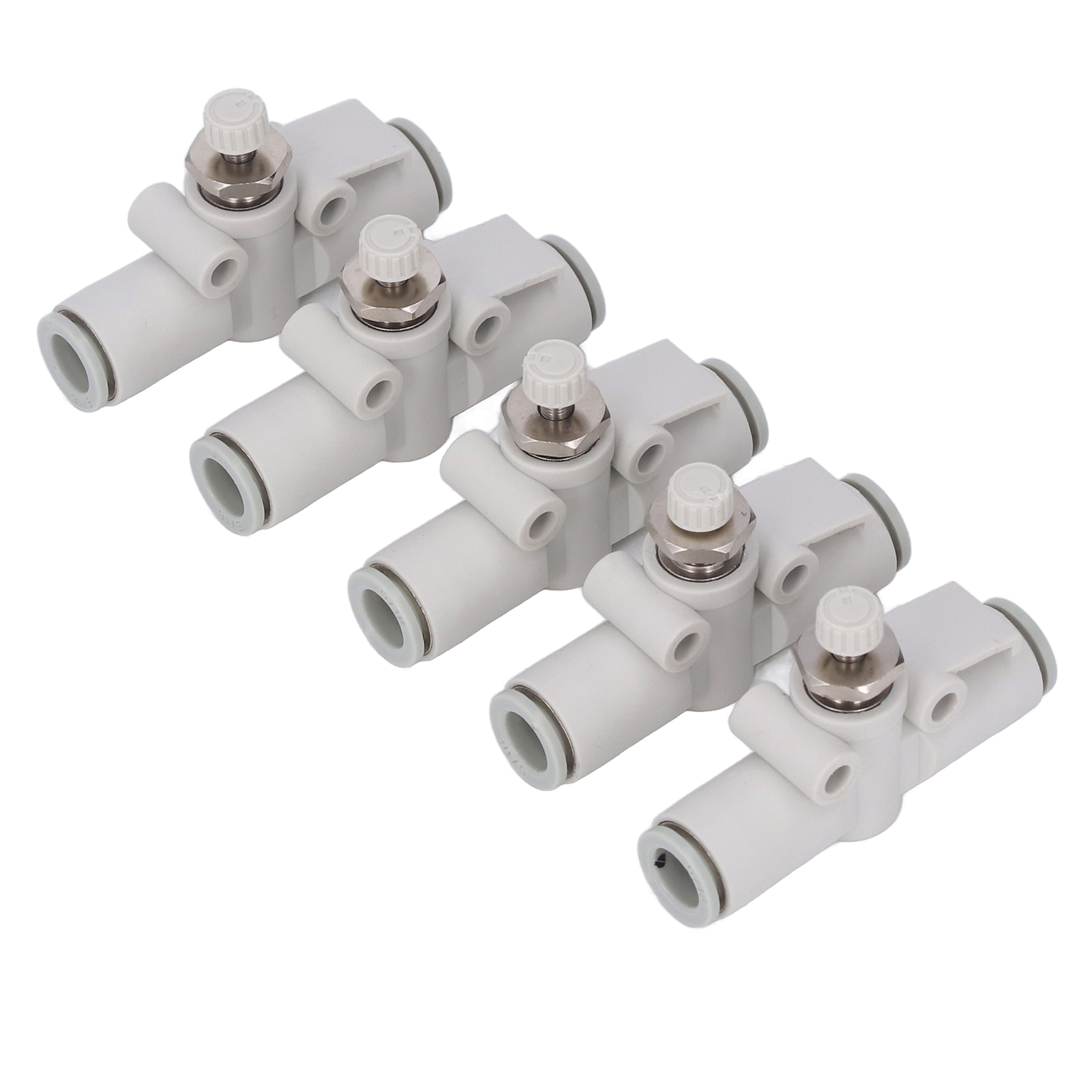 Satz Von 5 Pneumatischen Pvc-kugelhähnen Mit Geradem Schnellanschluss Für Schläuche Mit Einfacher Steckverbindung, Vorgesehen Für Den Industriellen Einsatz.