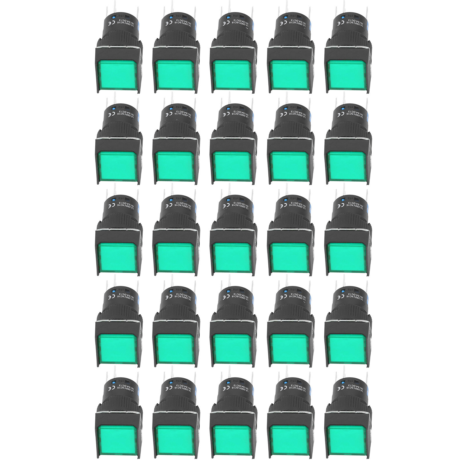 Packung Mit 25 Selbstverriegelnden Quadratischen Drucktastern Mit Kontrollleuchte, 16 Mm, 220 V, 5 A, Grün