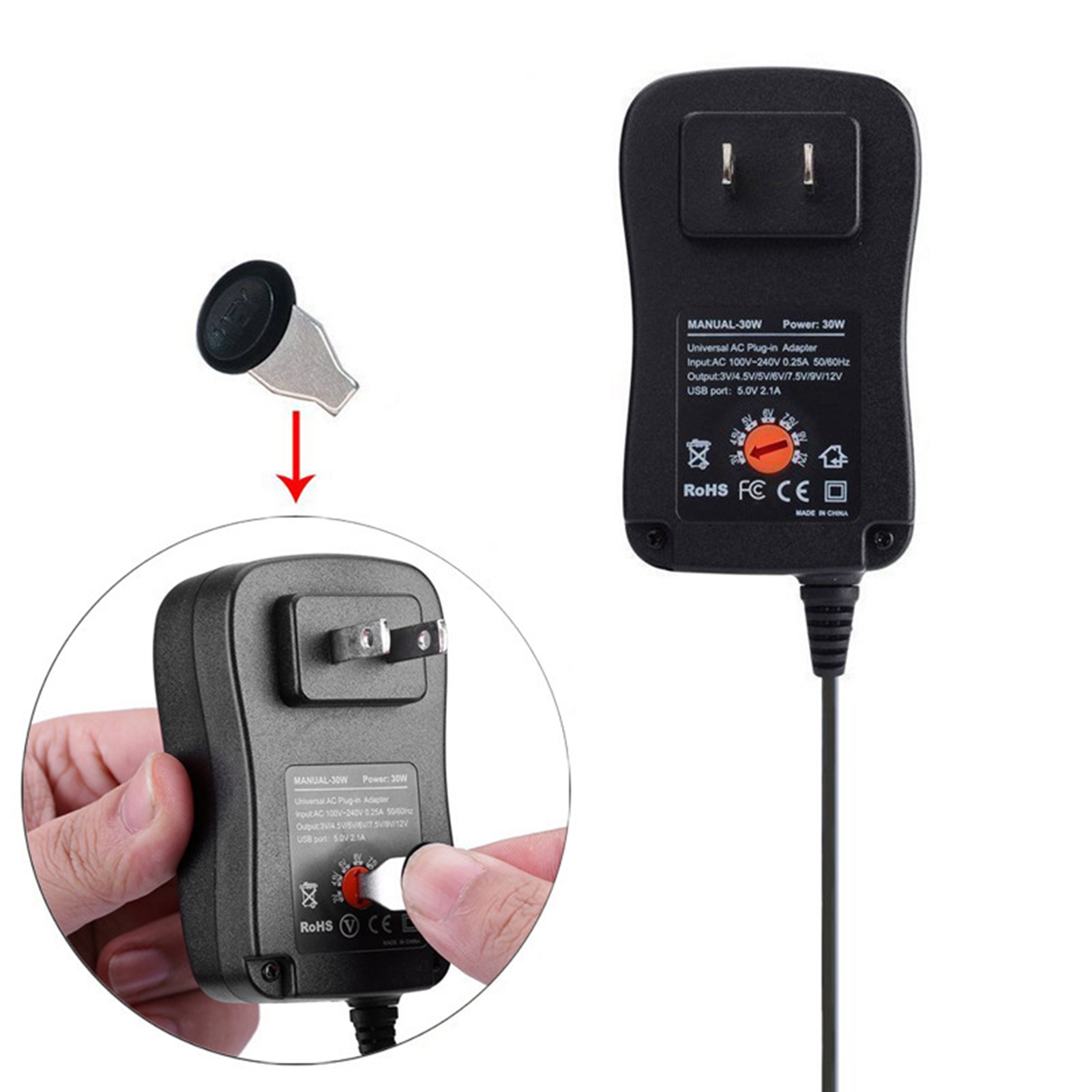 Universelles Netzteil Aus Verschleißfestem Kunststoff, Einstellbar, 2 A, 3–12 V, Us-stecker, 30 W