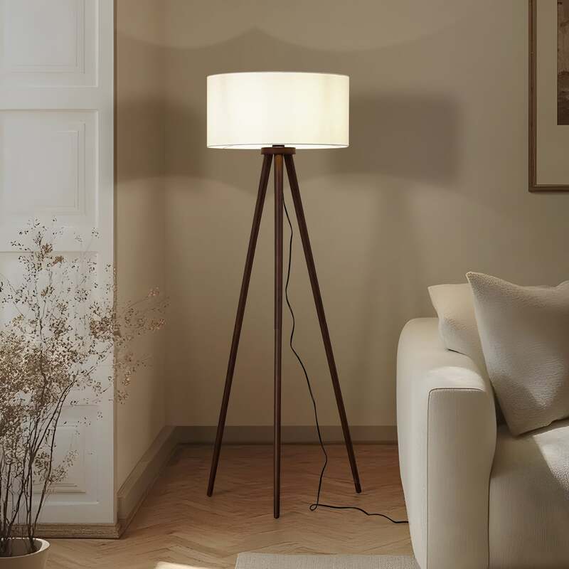 [neuwertig] B-ware Lindby Stehleuchte Charlia 150 Cm Weiß Walnussholz E27 15 W Mit Schalter