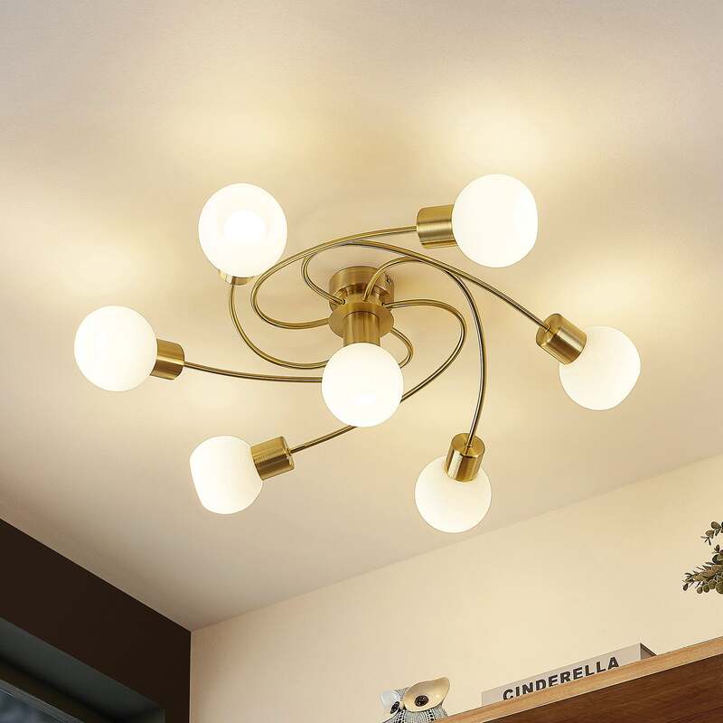 [neuwertig] B-ware Lindby Deckenlampe Ciala 7-flg Led Deckenlampe Messingfarben E14 Opalweiß Lampe