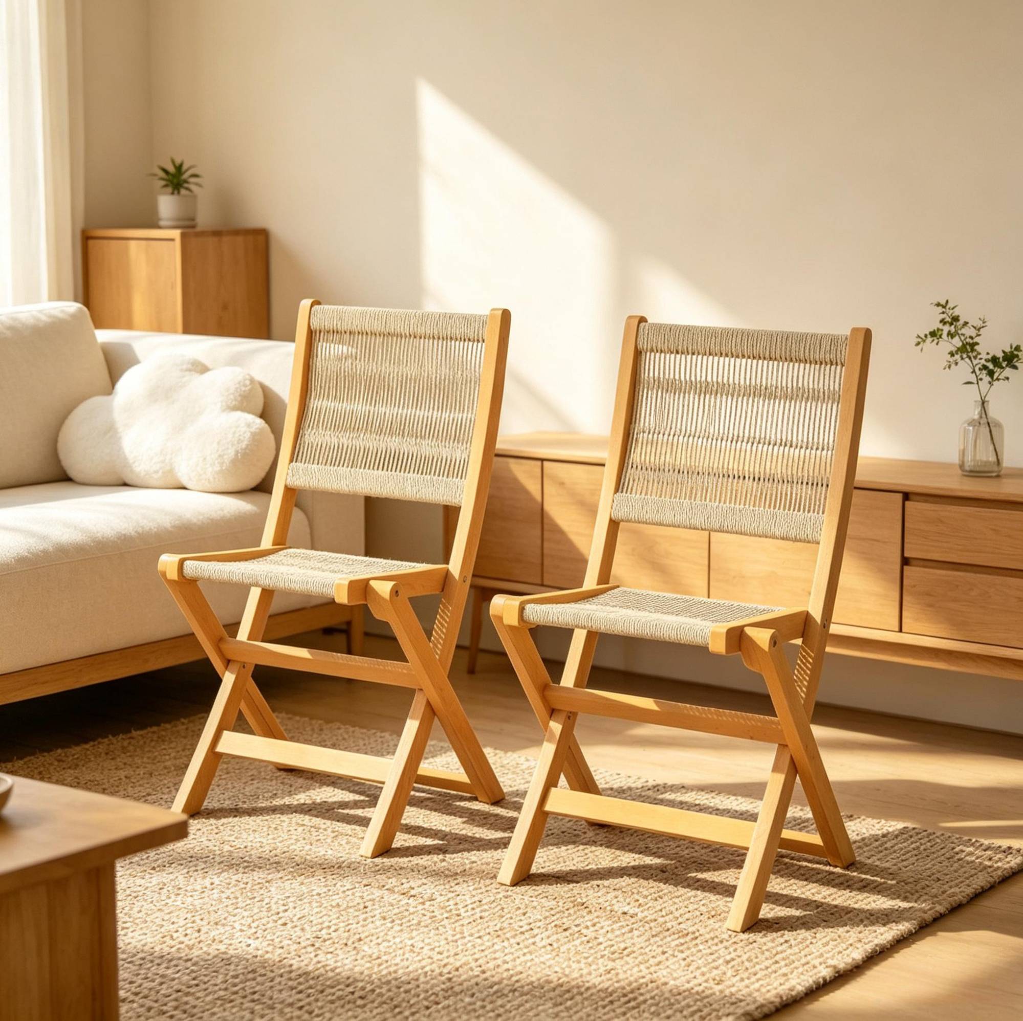 Set Mit 2 Klappbaren Gartenstühlen 48x55,5x88 Cm Aus Holz Und Pp, Beige – Meubliv