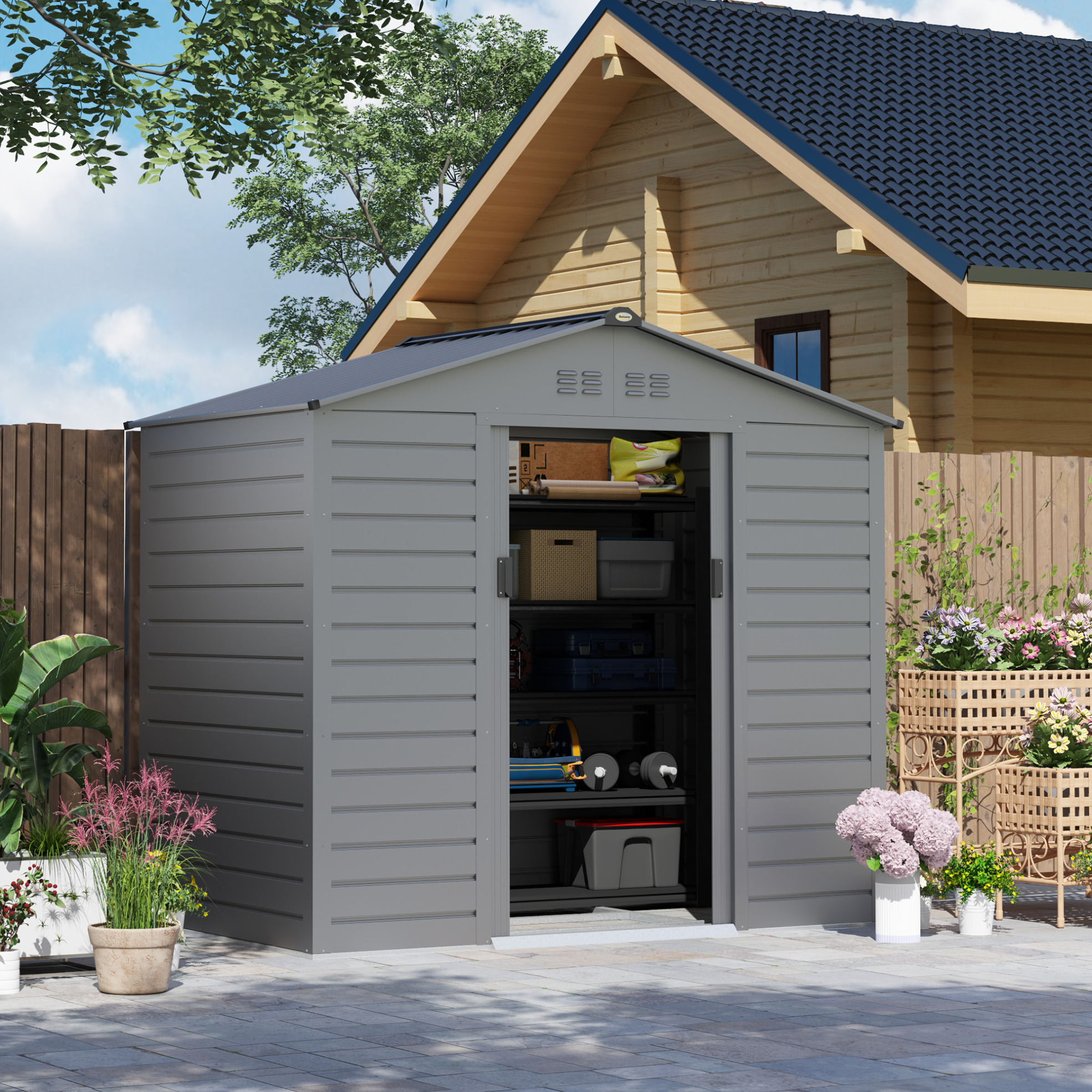 Geräteschuppen 213x131x192 Cm Stahl Grau, Abschließbare Schiebetür Für Den Garten – Meubliv