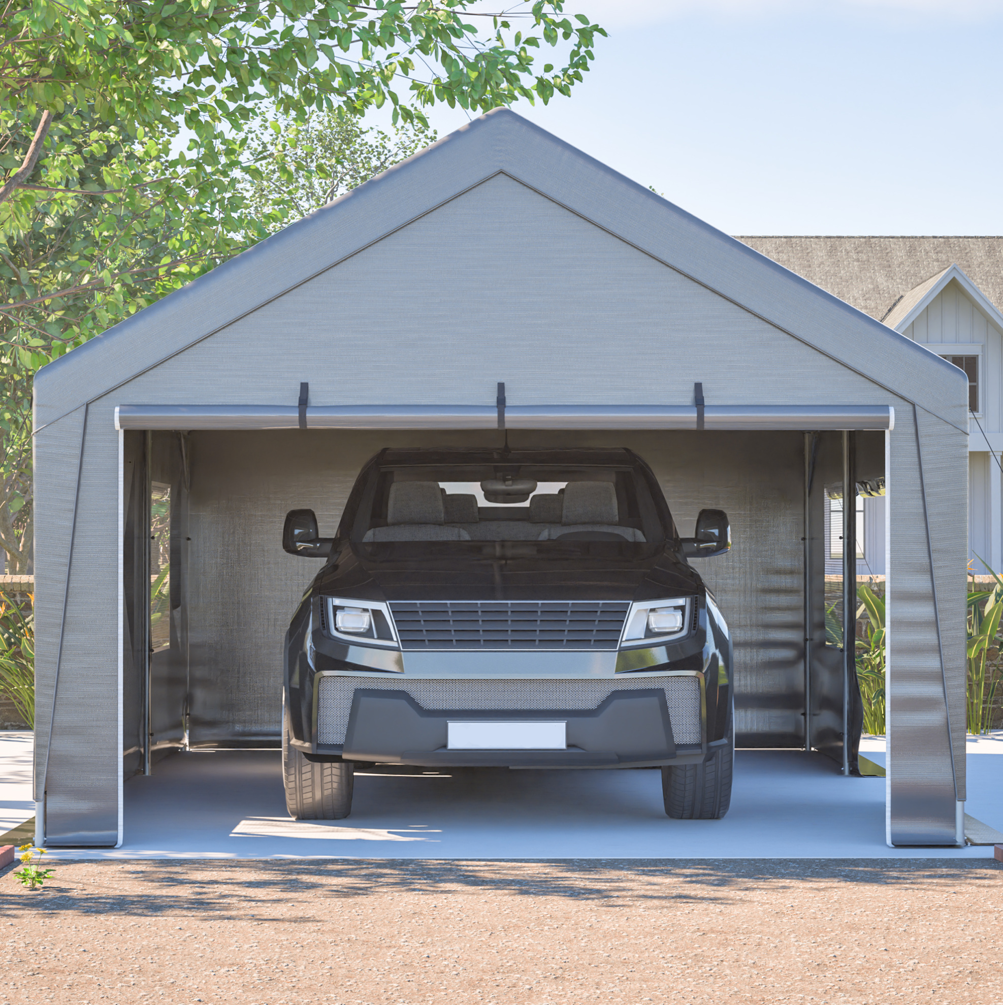 Auto-unterstand 611x396x300 Cm Aus Metall, Grau, Mit Rolltoren, Für Garten – Meubliv