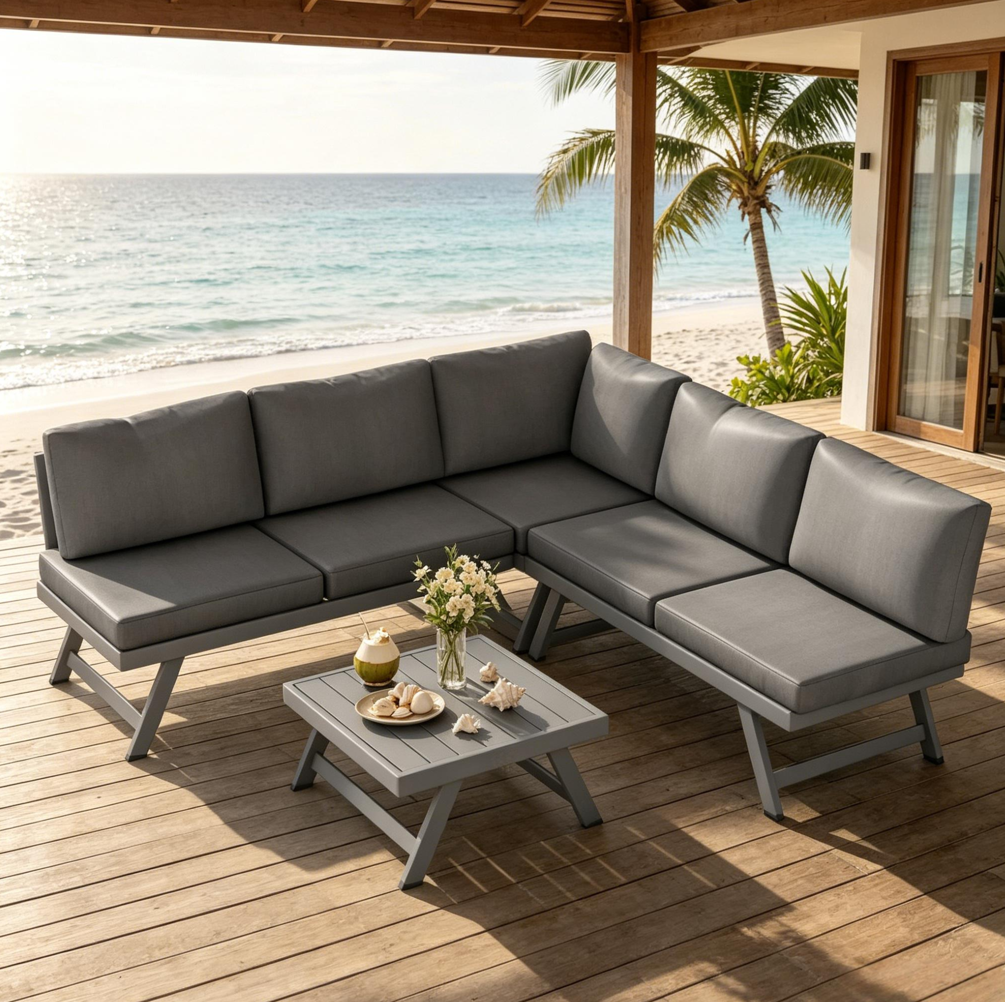 4-teiliges Eck-gartenlounge-set 115x61x65 Cm Aus Stahl Und Aluminium, Grau, 5 Plätze – Meubliv