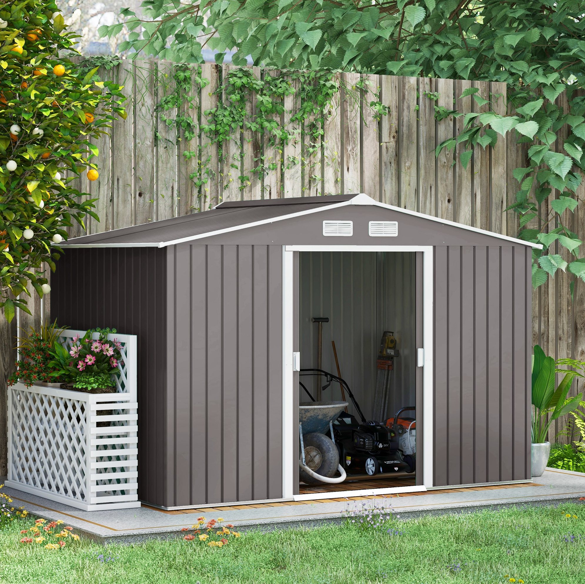 Metall-gartenhaus 277x195x196 Cm Grau Mit Fundament, Werkzeuglager – Meubliv