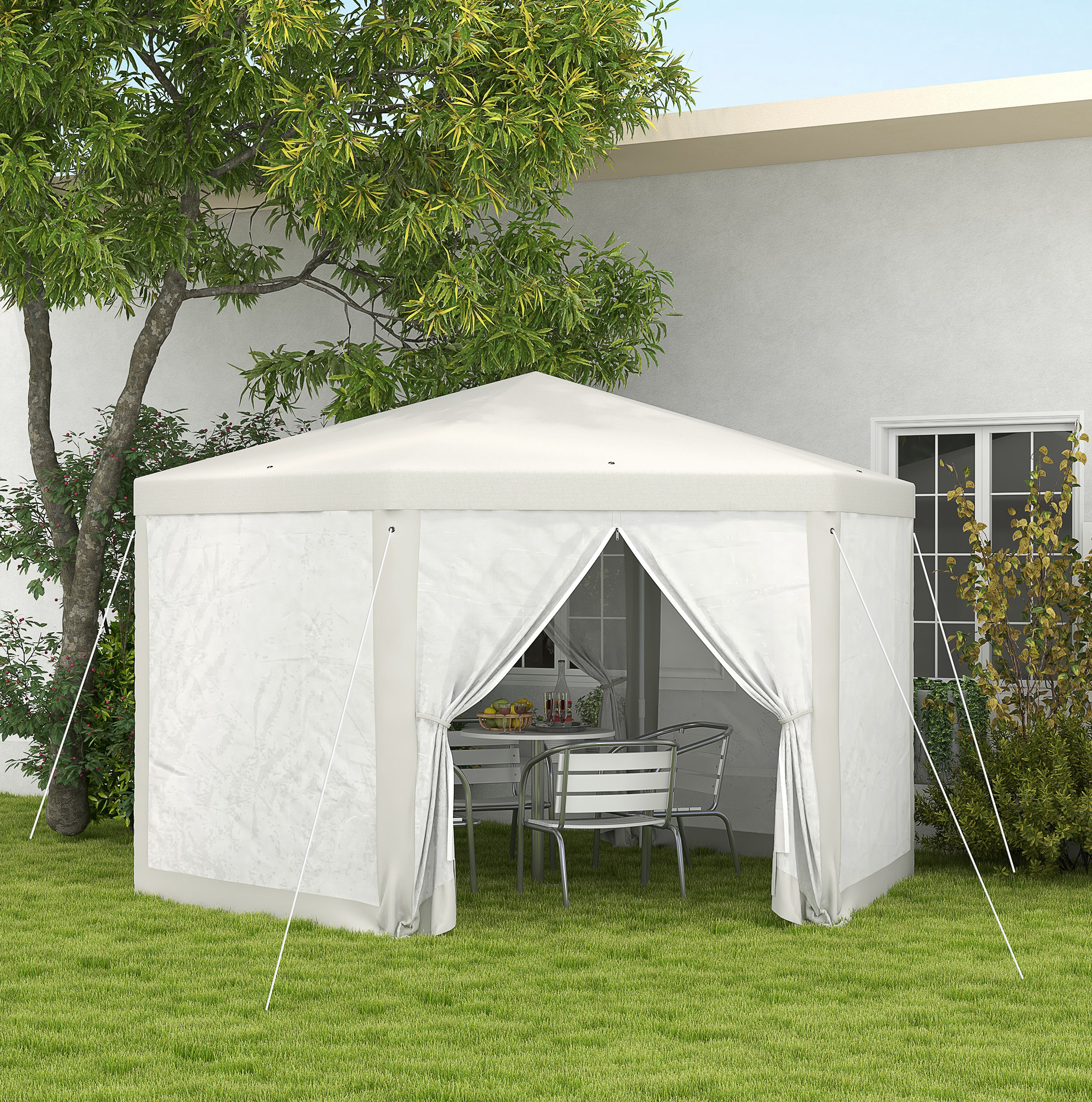 Sechseckiger Pavillon 394 X 341,2 X 250 Cm Aus Metall Und Polyester, Elfenbeinfarben – Meubliv