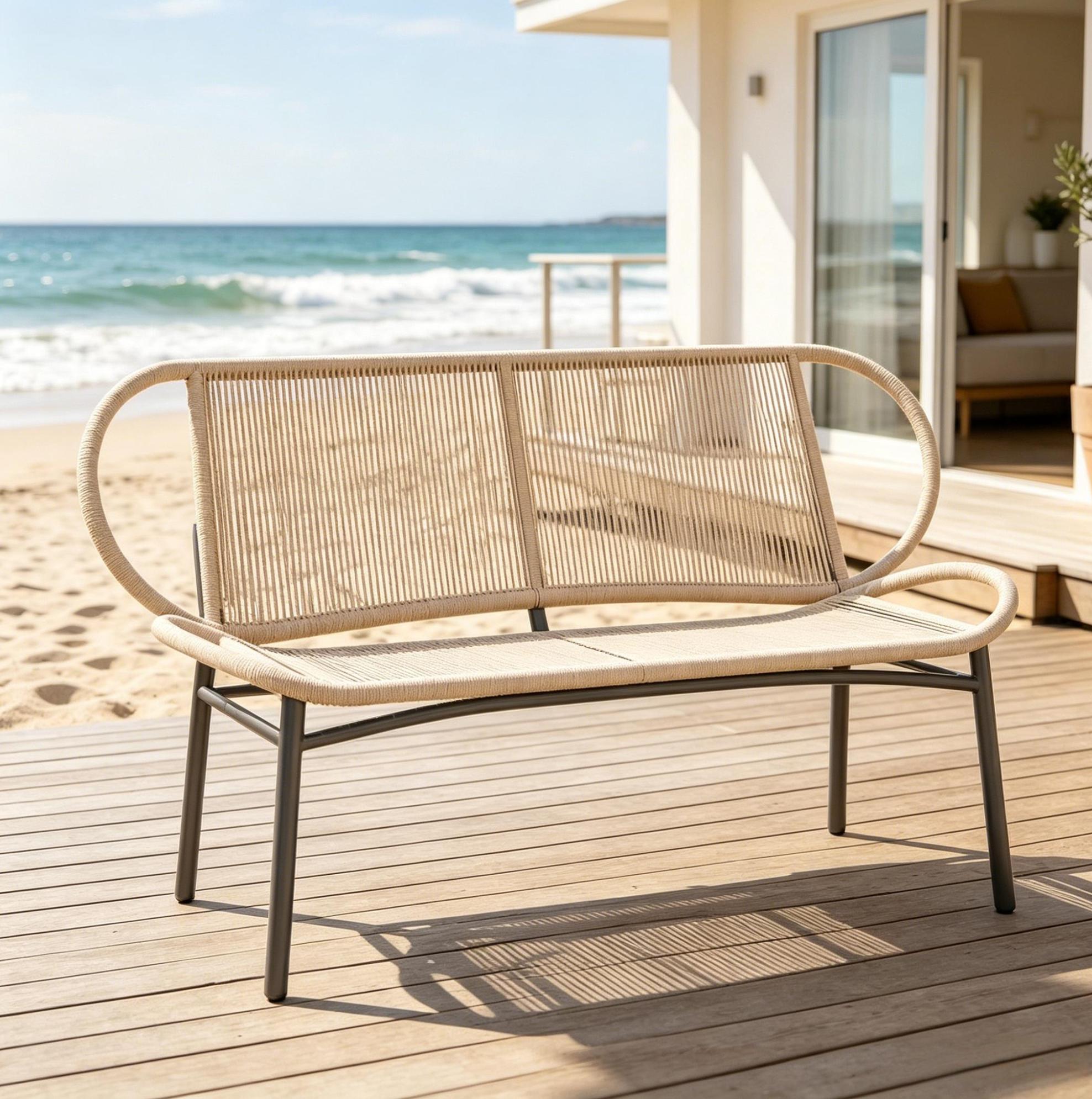 Gartenbank 138x62x83 Cm Aus Rattan Und Metall, Natürlich Und Schwarz – Stabil Für Kleine Räume