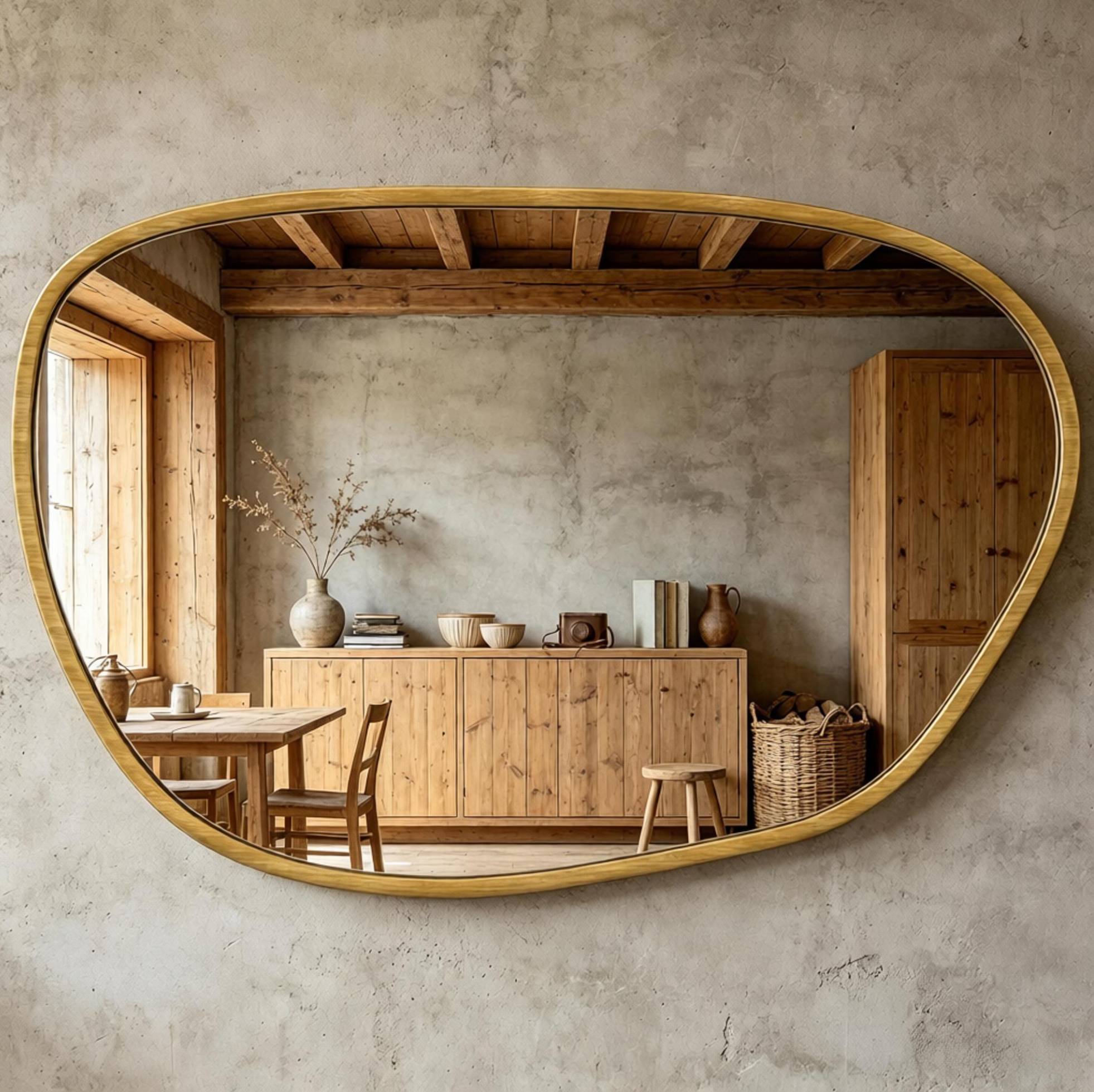 Asymmetrischer Wandspiegel 60x90x2,5 Cm Aus Gehärtetem Glas Und Mdf, Naturfarben – Meubliv