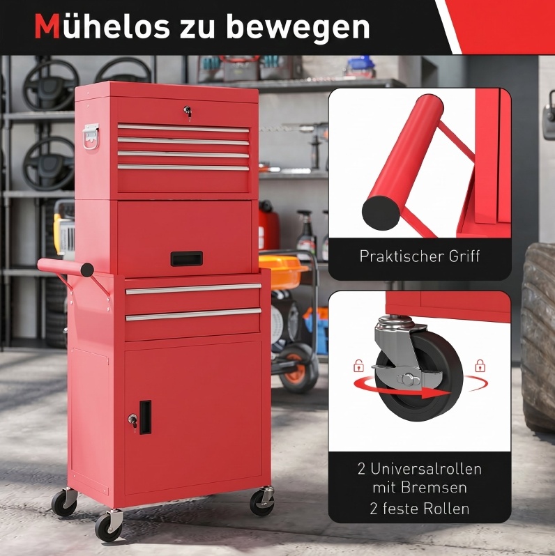 Rollender Werkzeugschrank 60,5x33,5x131 Cm Aus Stahl, Rot, Abschließbar
