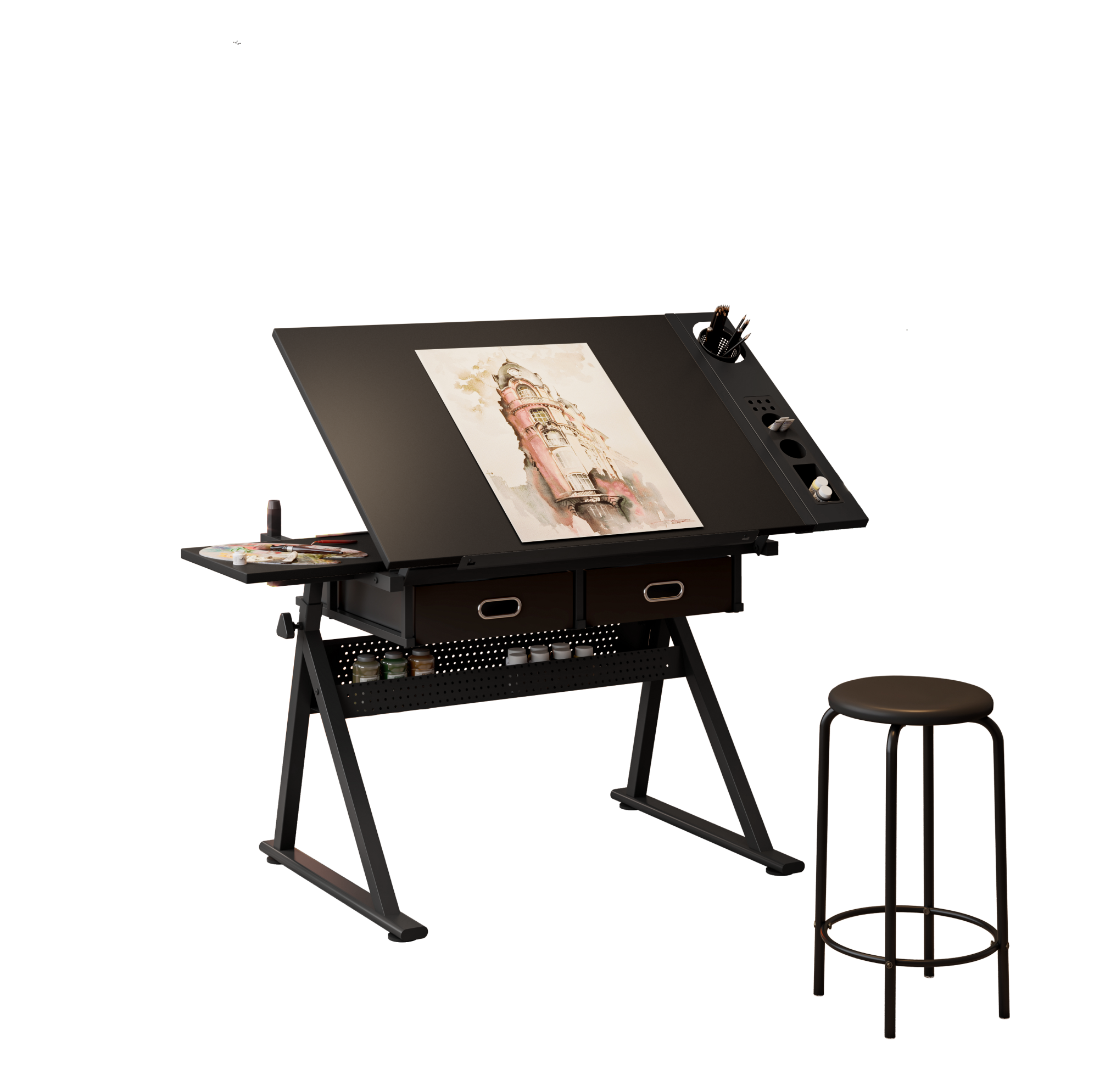 Zeichen- Und Schreibtisch Höhenverstellbar Mit 2 Schubladen Und Hocker 98 X 60 Cm Schwarz
