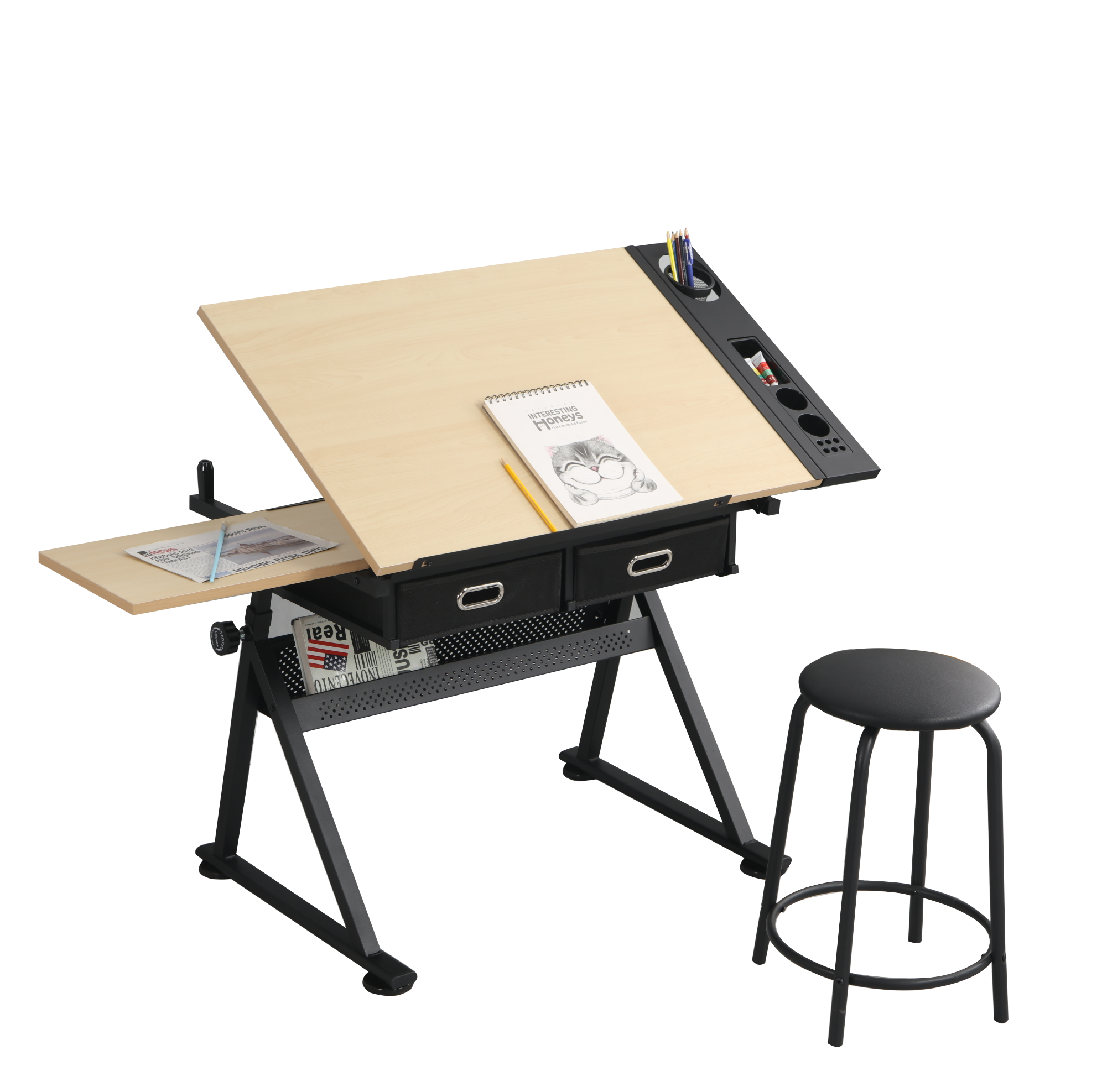 Verstellbarer Zeichentisch Mit Hocker 98 X 60 Cm Mdf Metall Ahorn