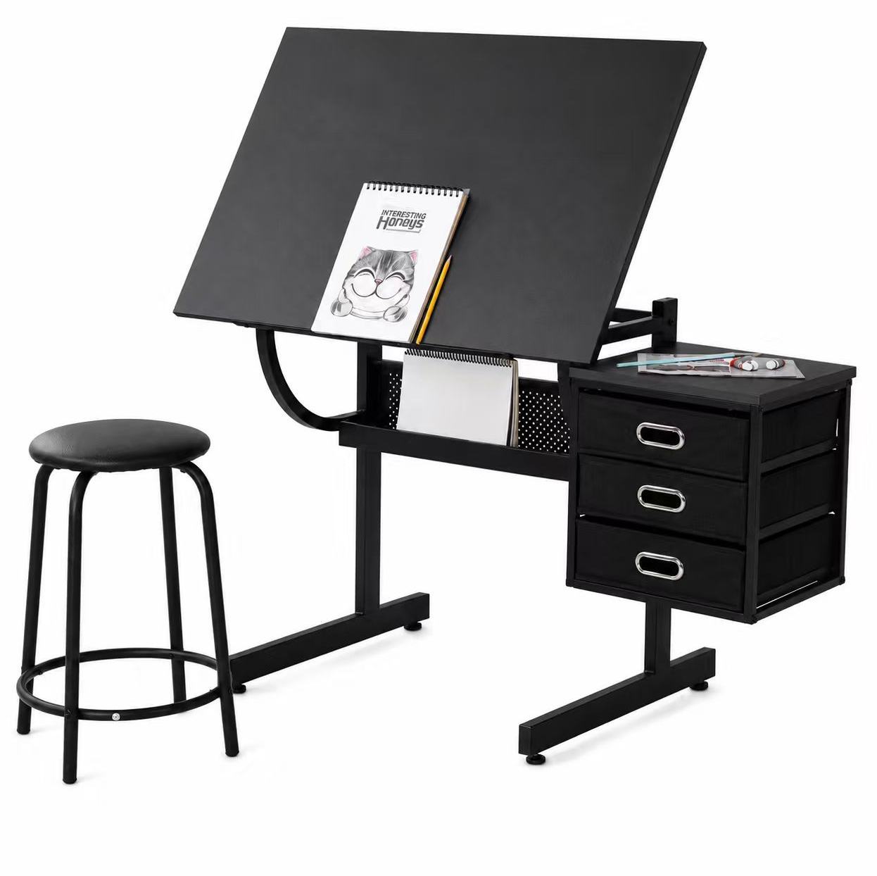 Verstellbarer Zeichentisch Aus Mdf Und Metall Mit Hocker Und 3 Schubladen, Schwarz