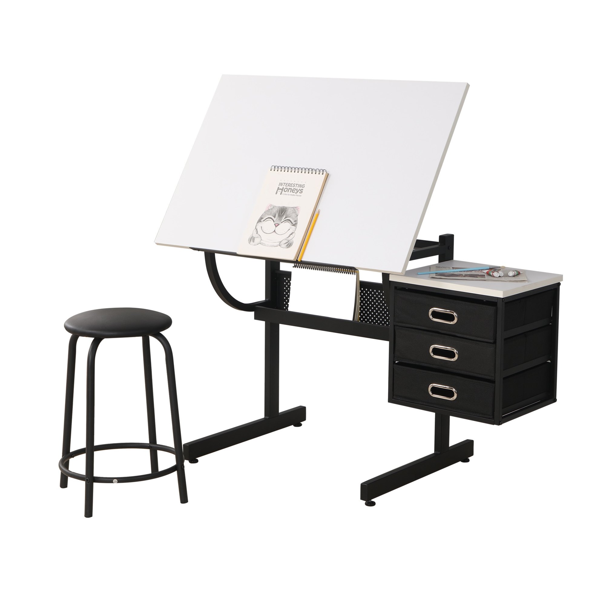 Verstellbarer Zeichentisch 90 X 60 Cm In Weiß Mit Hocker Und 3 Schubladen Modenuit