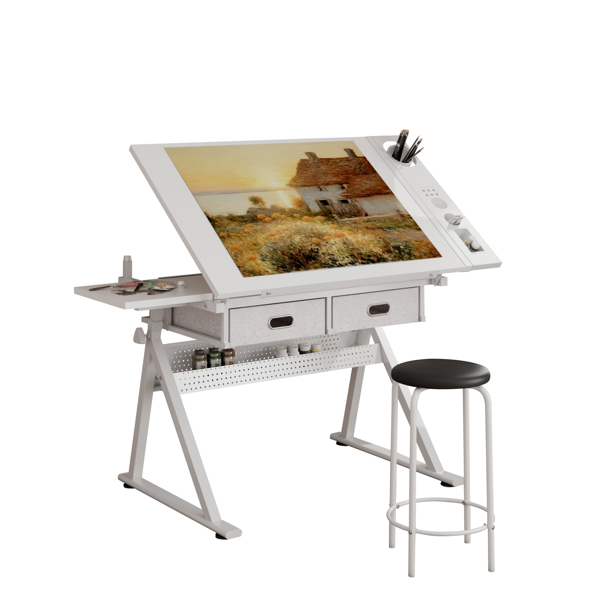 Verstellbarer Zeichentisch Mit 2 Schubladen Und Hocker Weiß Mdf Metall 98 X 60 Cm