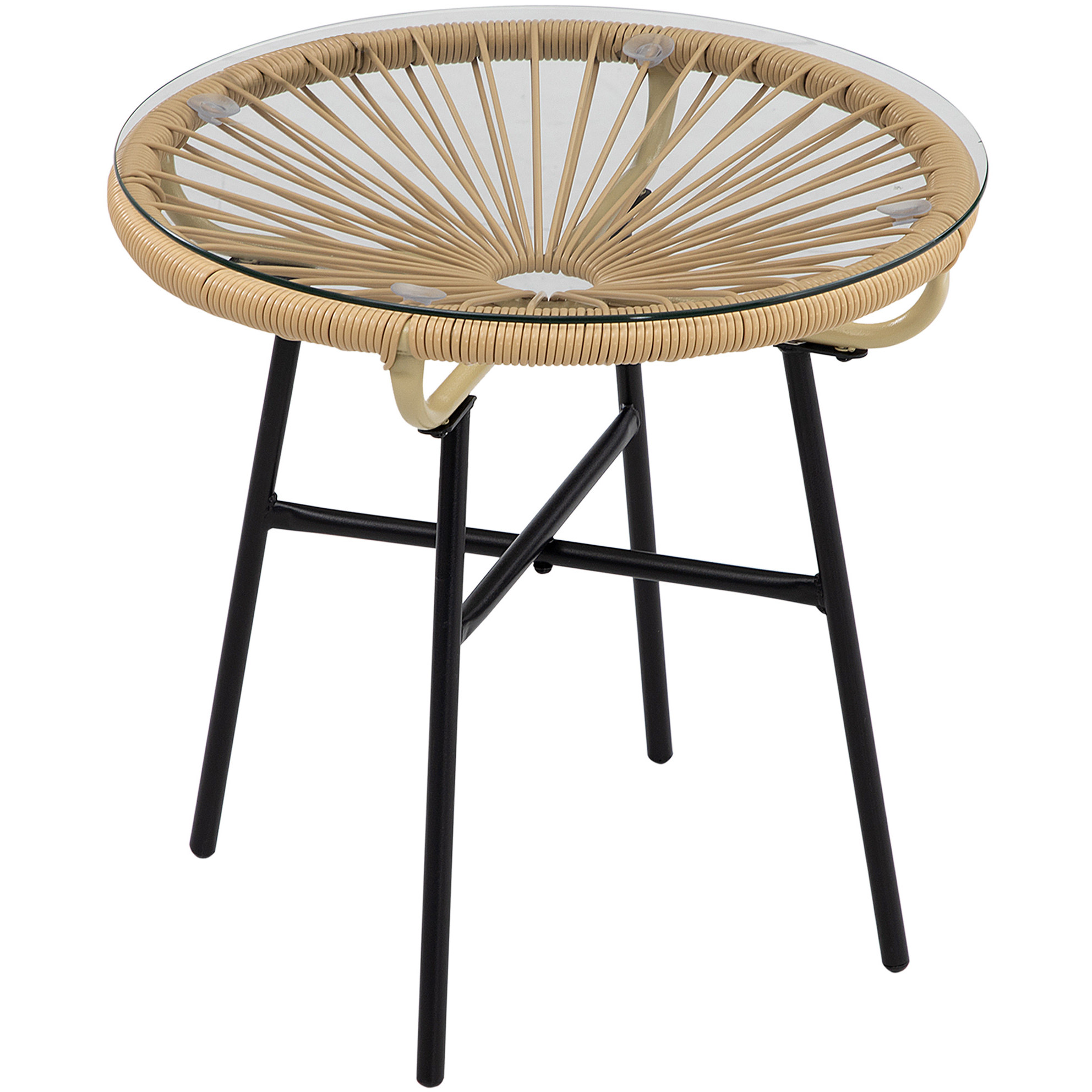 Runder Bistrotisch Aus Beigem Polyrattan Mit Sicherheitsglasplatte, 50 X 50 X 50 Cm