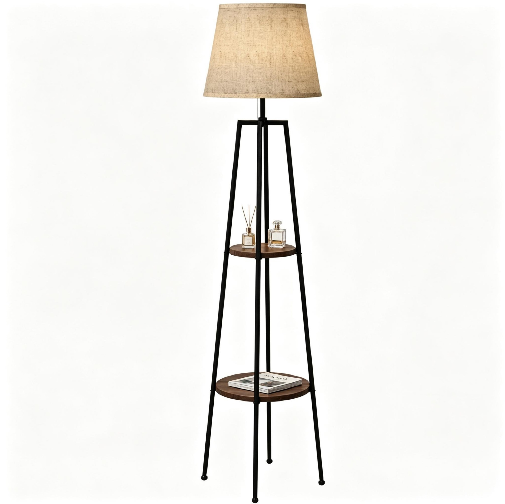 Moderne Stehlampe Mit 2 Integrierten Ablagen, Dreibeingestell, Schwarz Und Braun