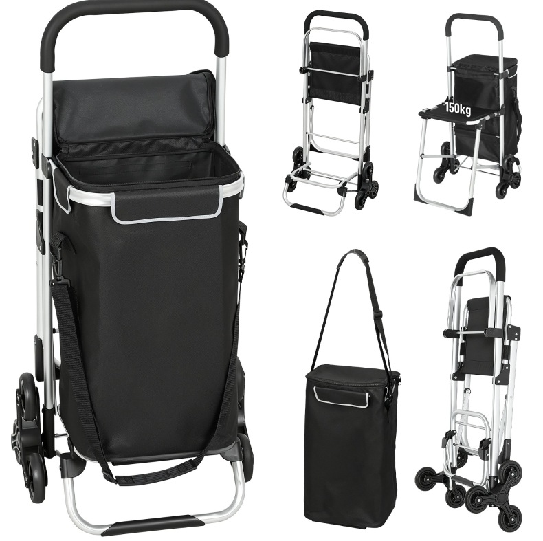 Einkaufswagen Mit Sitz, 40-l-oxfordtasche, 3 Räder Für Treppen, Alurahmen, Schwarz