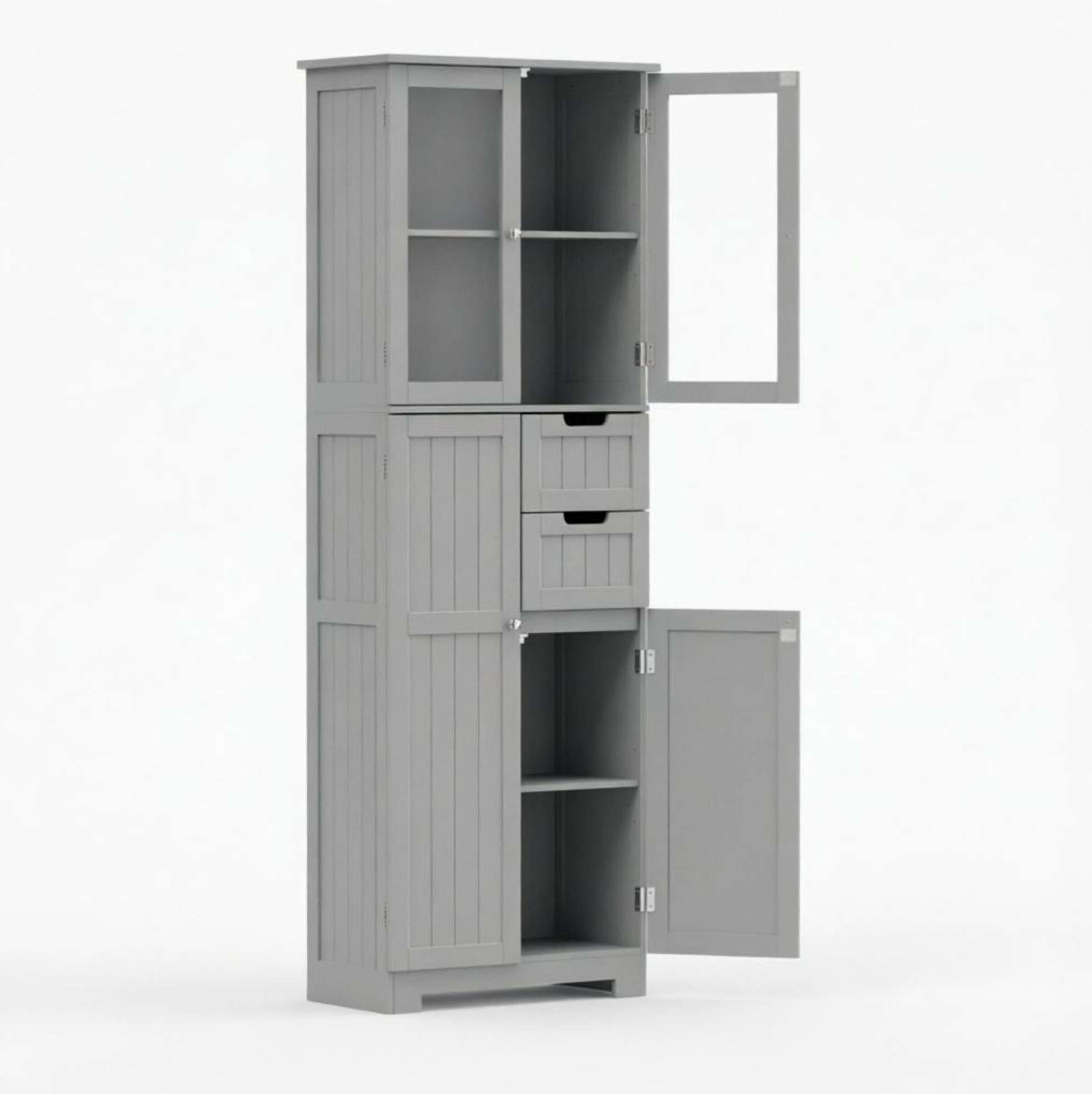 Freistehender Hoher Badezimmerschrank Grau Mit 4 Türen, 2 Glastüren Und 2 Schubladen, Mdf