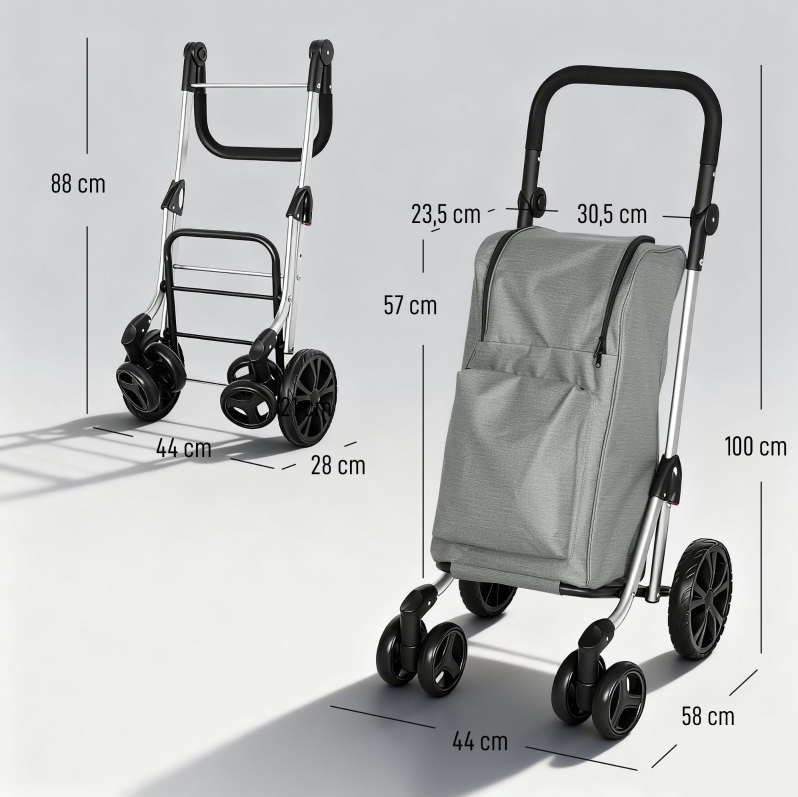 Klappbarer Einkaufstrolley 46 L Mit Kühltasche, Verstellbarem Griff, Aluminium, Grau