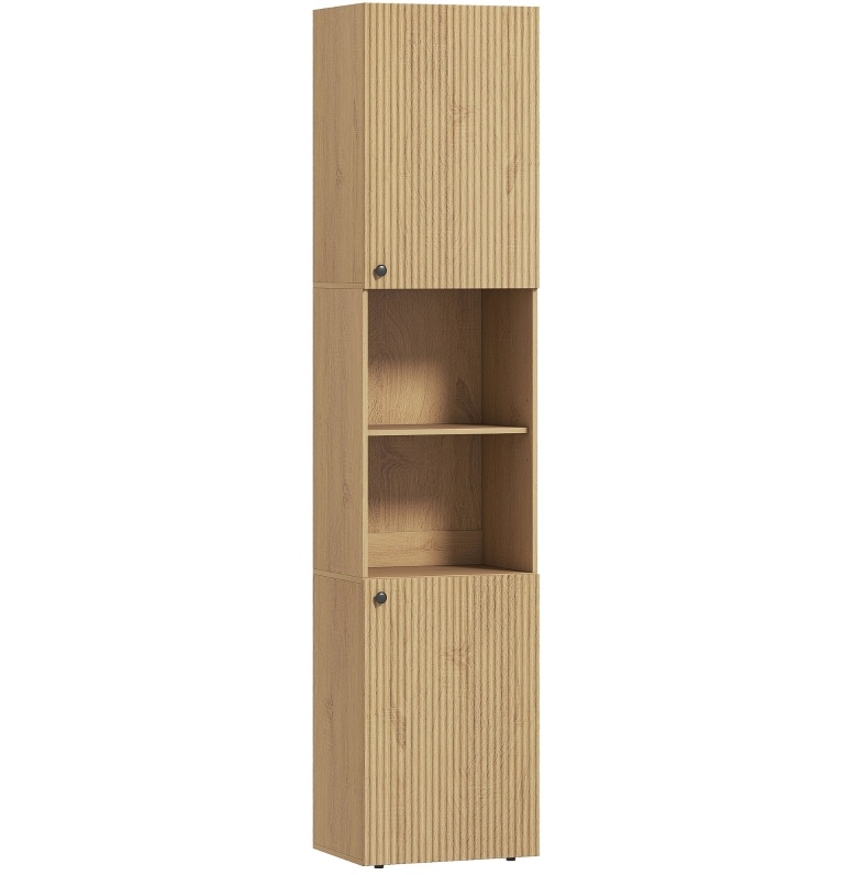 Hoher Badezimmerschrank In Holz Mit Eicheffekt, 2 Türen, 2 Offene Regale, 40x31x182 Cm