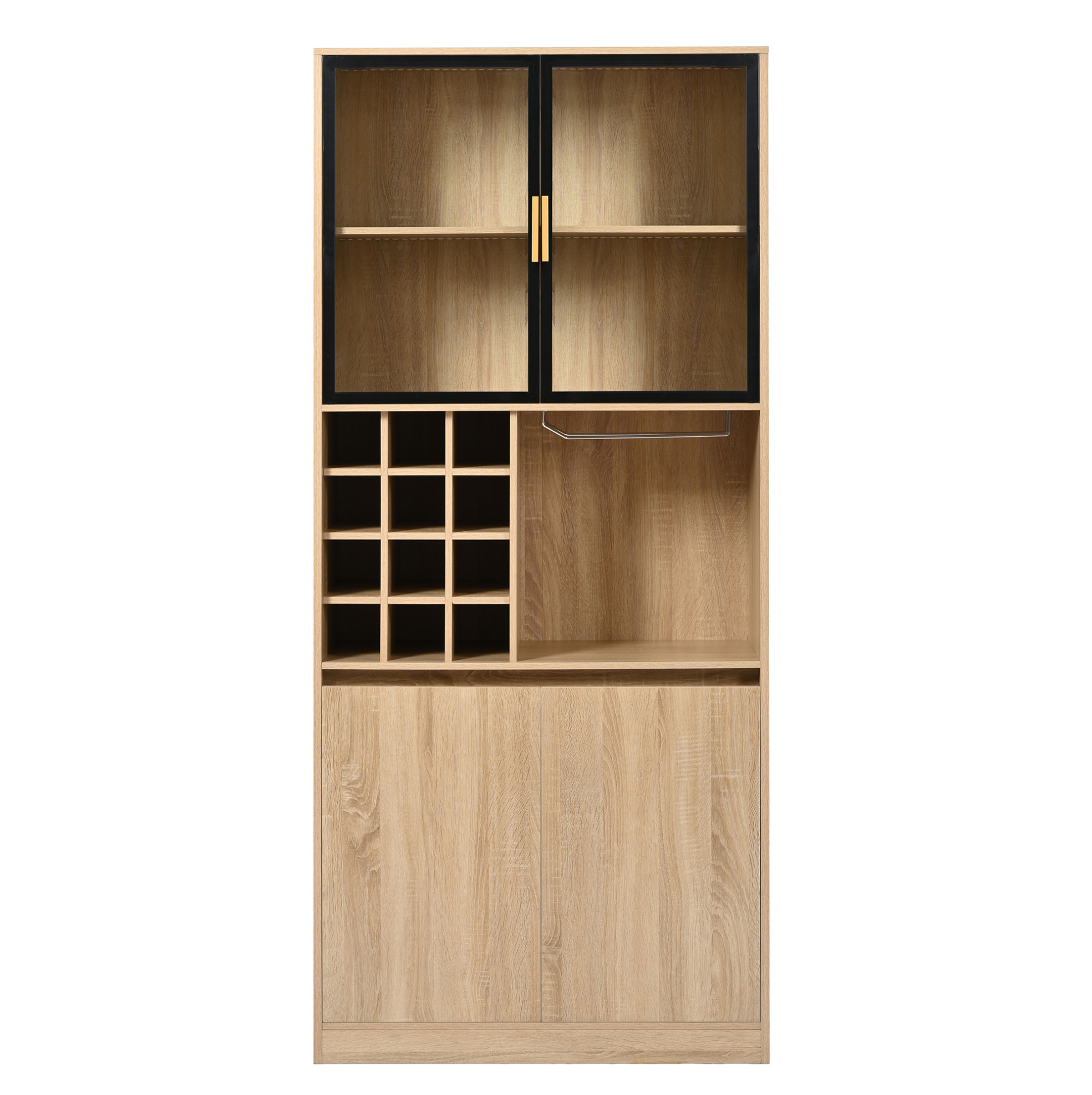 Hohes Badezimmermöbel Mit Glastüren Und Led-beleuchtung, 180 Cm, Mdf In Naturoptik