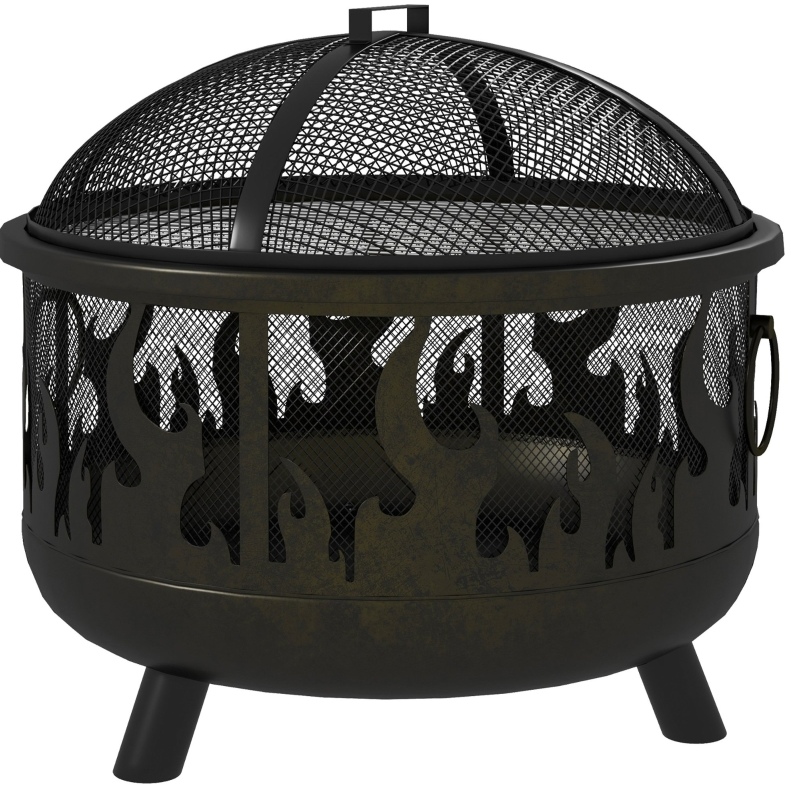 Schwarze Metall-feuerschale Für Den Außenbereich Mit Funkenschutz, Grillrost Und Schürhaken Ø61 Cm