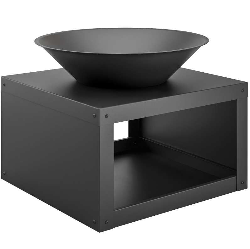Schwarze Feuerschale Aus Metall Ø59 Cm Mit Holzablage Und Schürhaken