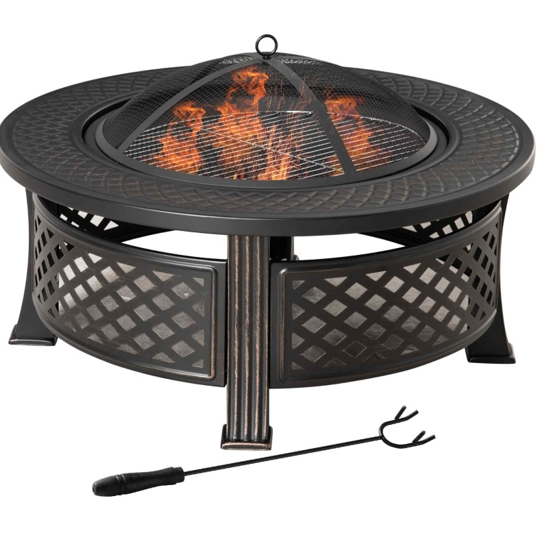 Schwarze Feuerschale Aus Stahl Mit Funkenschutz Und Schürhaken 81 X 81 X 50 Cm Modenuit