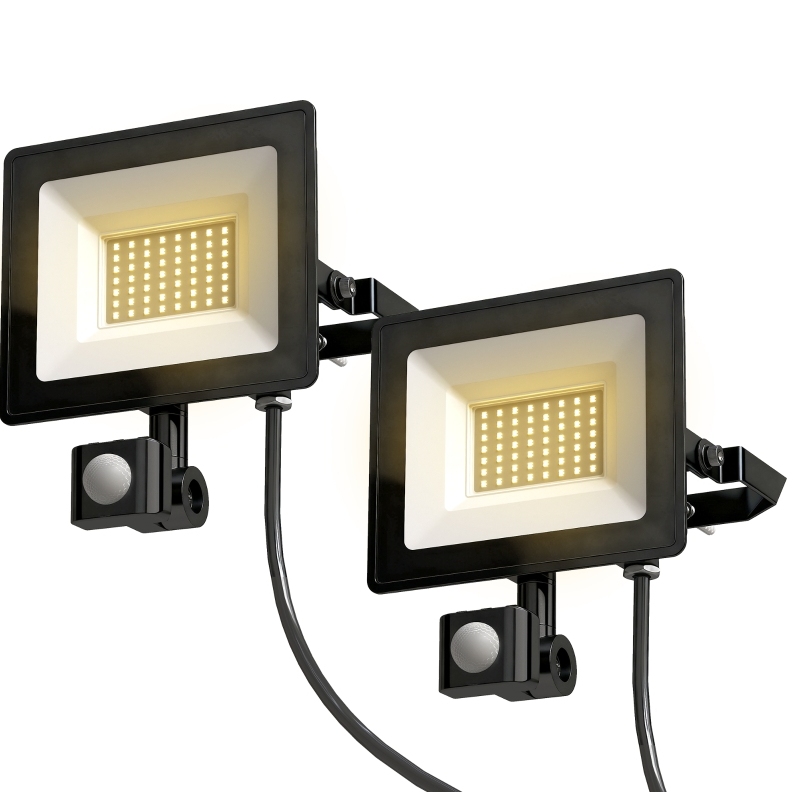 50-w-led-arbeitsstrahler Mit Pir-sensor, 3 Modi, Schwarzes Aluminium, 2er-set