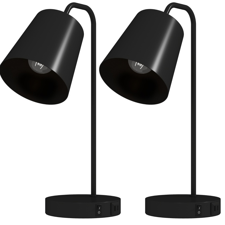 Set Aus 2 Schwarzen Tischlampen Aus Stahl Mit Usb-a- Und Usb-c-anschlüssen