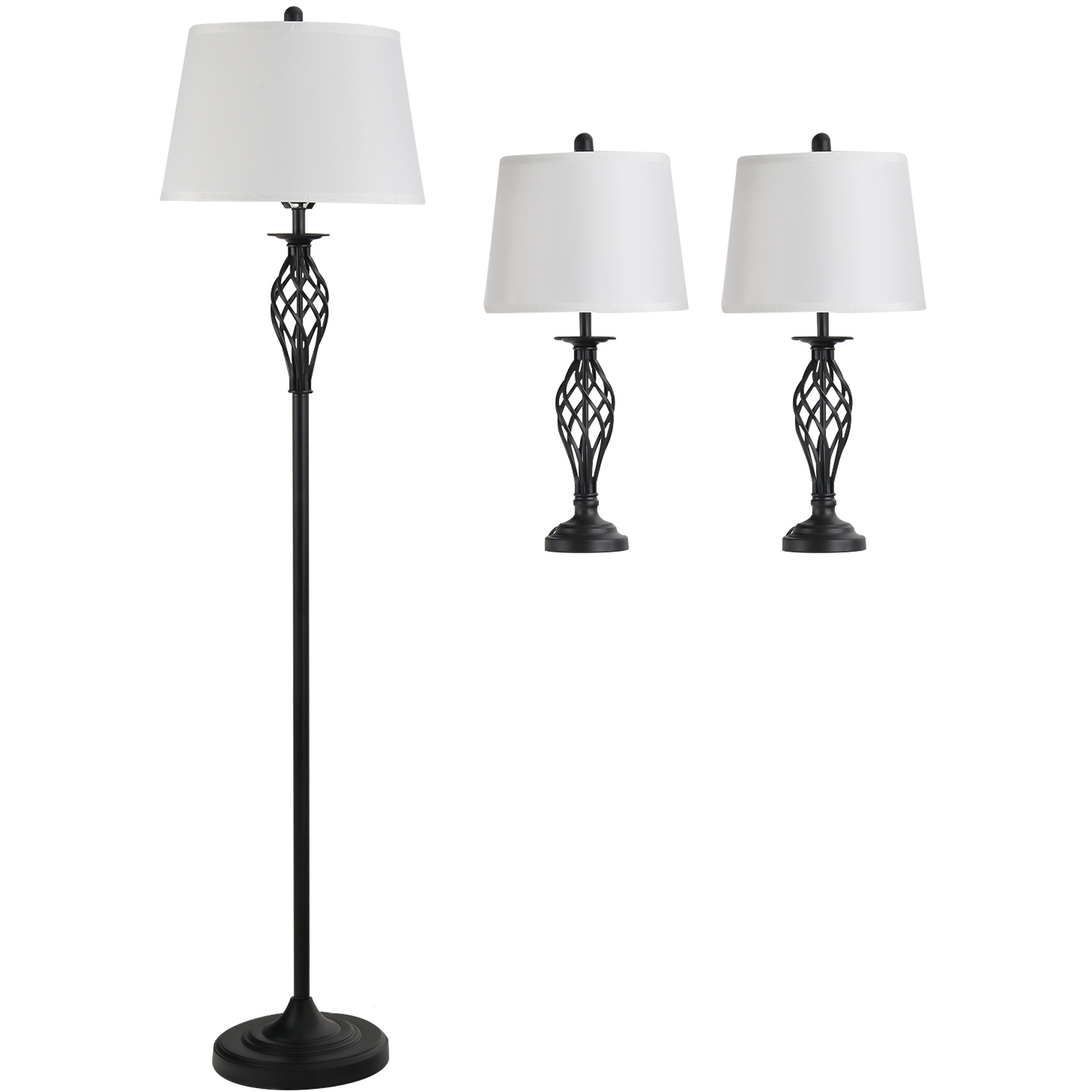 Set Mit 3 Vintage-lampen In Schwarz-weiß Aus Metall Und Baumwolle, 2 Tisch-, 1 Stehlampe
