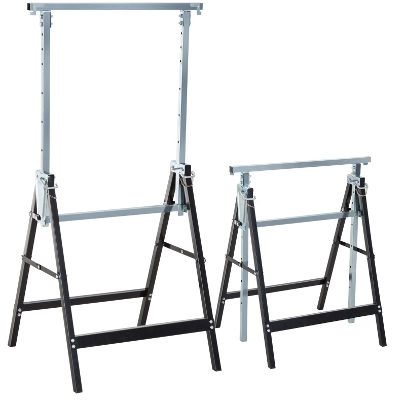 2 Klappbare Verstellbare Bockständer Aus Schwarzem Stahl, 200 Kg, 68 X 58 X 80-130 Cm